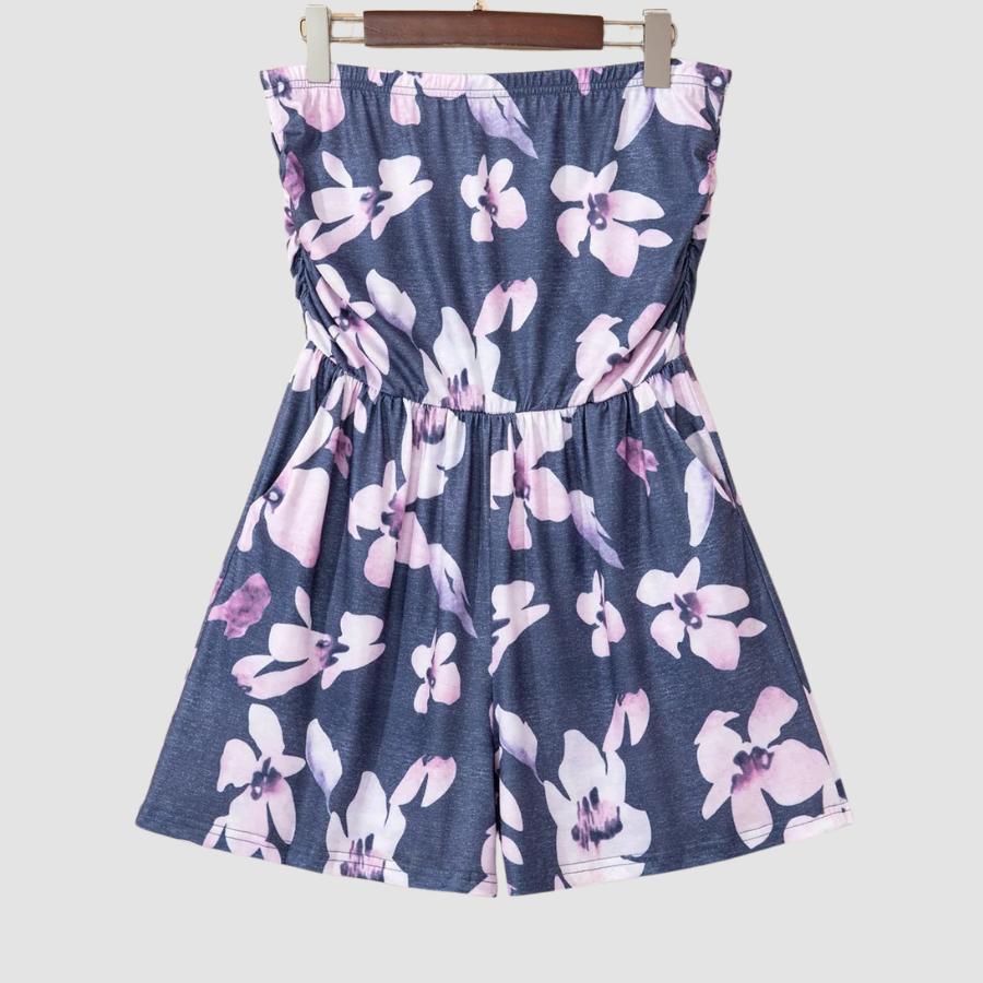 Floral Ruched Strapless Bandeau Pocketed Romper