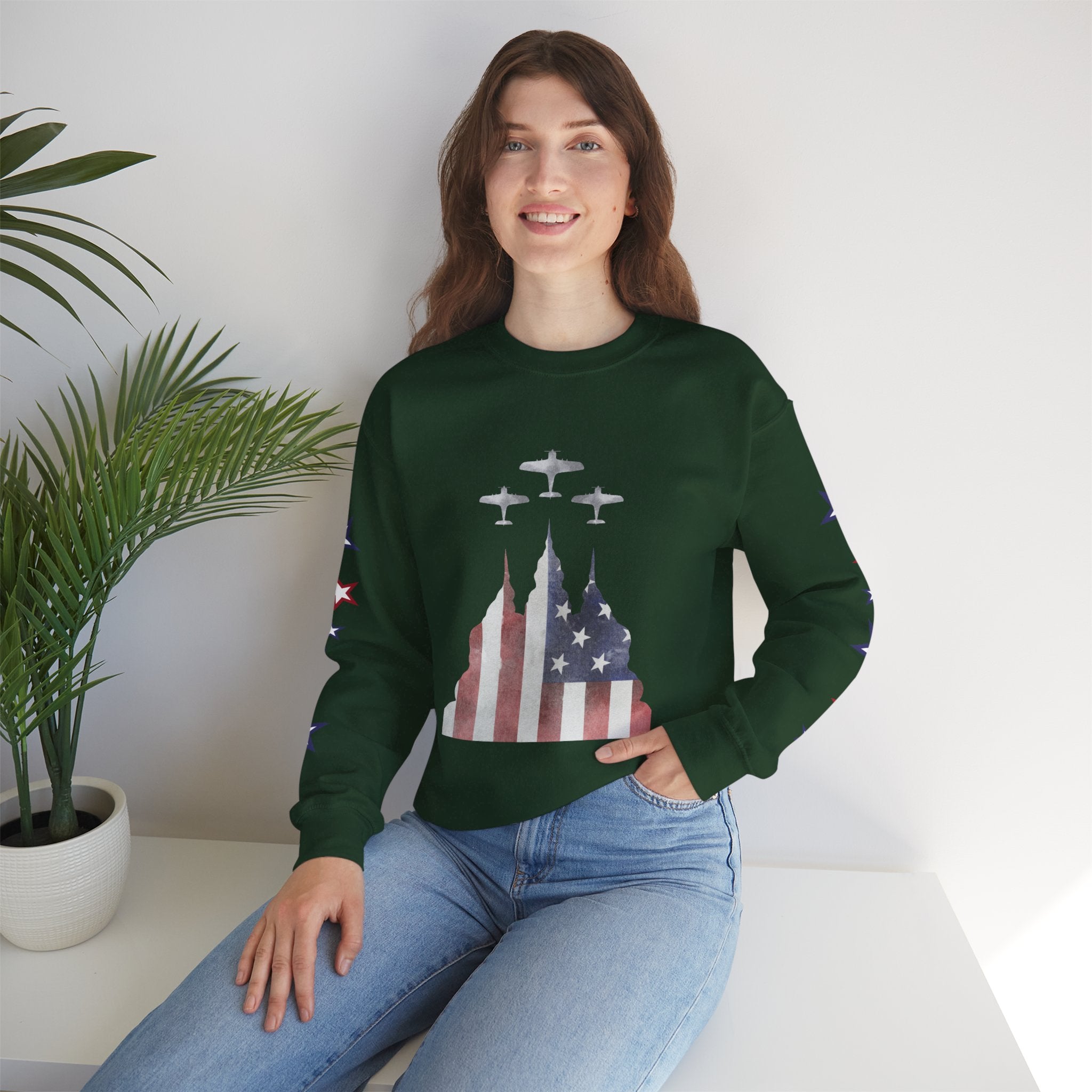 American Flag Castle Crewneck Sweatshirt — Patriotic Stars Sleeve Pullover