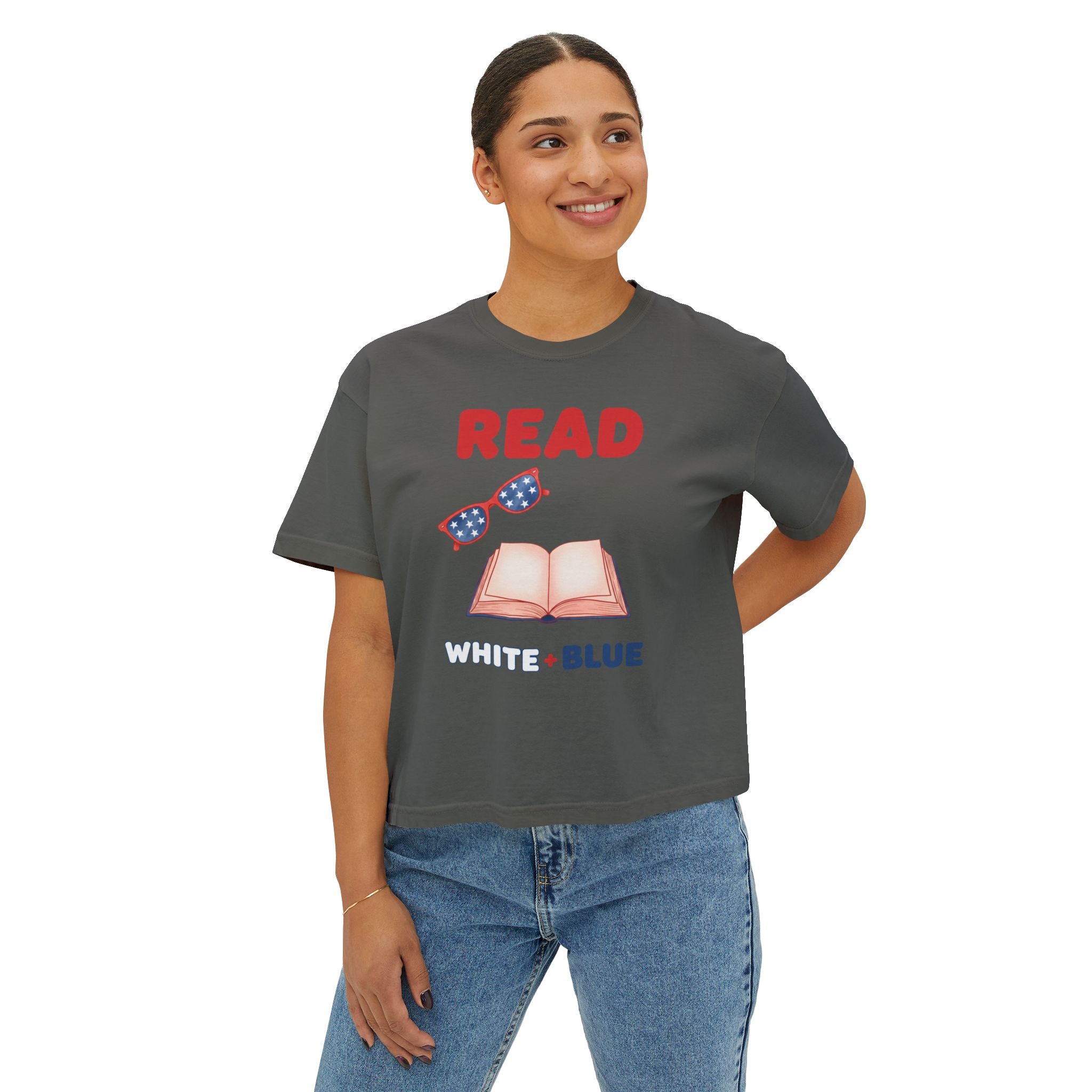 Women's Boxy Tee — "READ White + Blue" Patriotic Book Lover Shirt