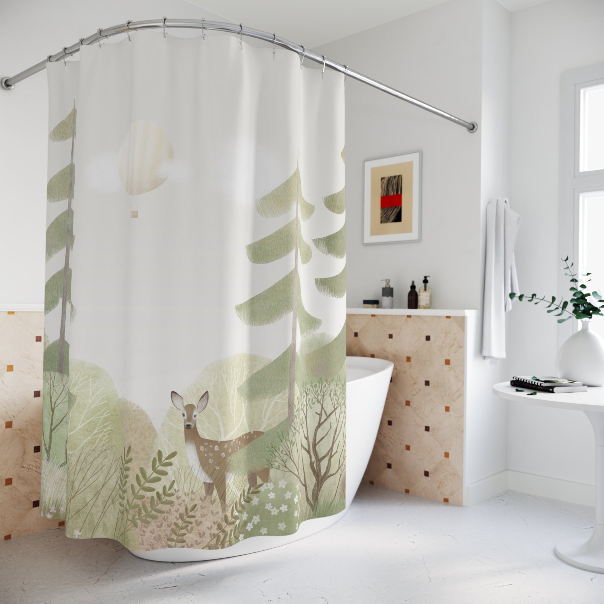 Woodland deer Shower Curtain – Soft Green Forest Bath Decor