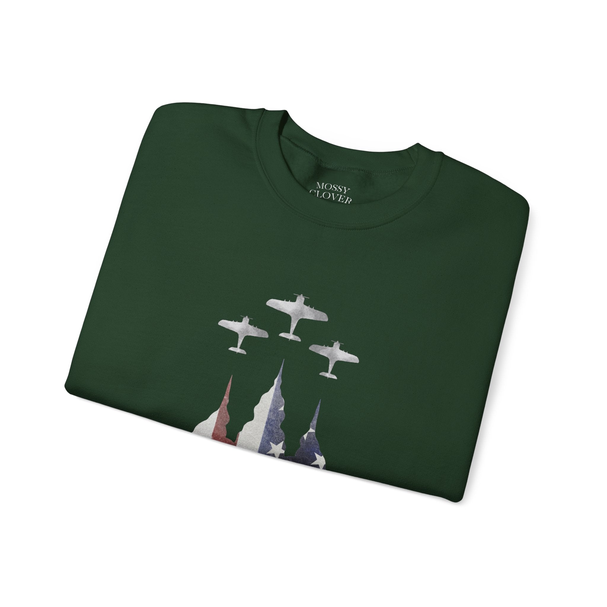 American Flag Castle Crewneck Sweatshirt — Patriotic Stars Sleeve Pullover