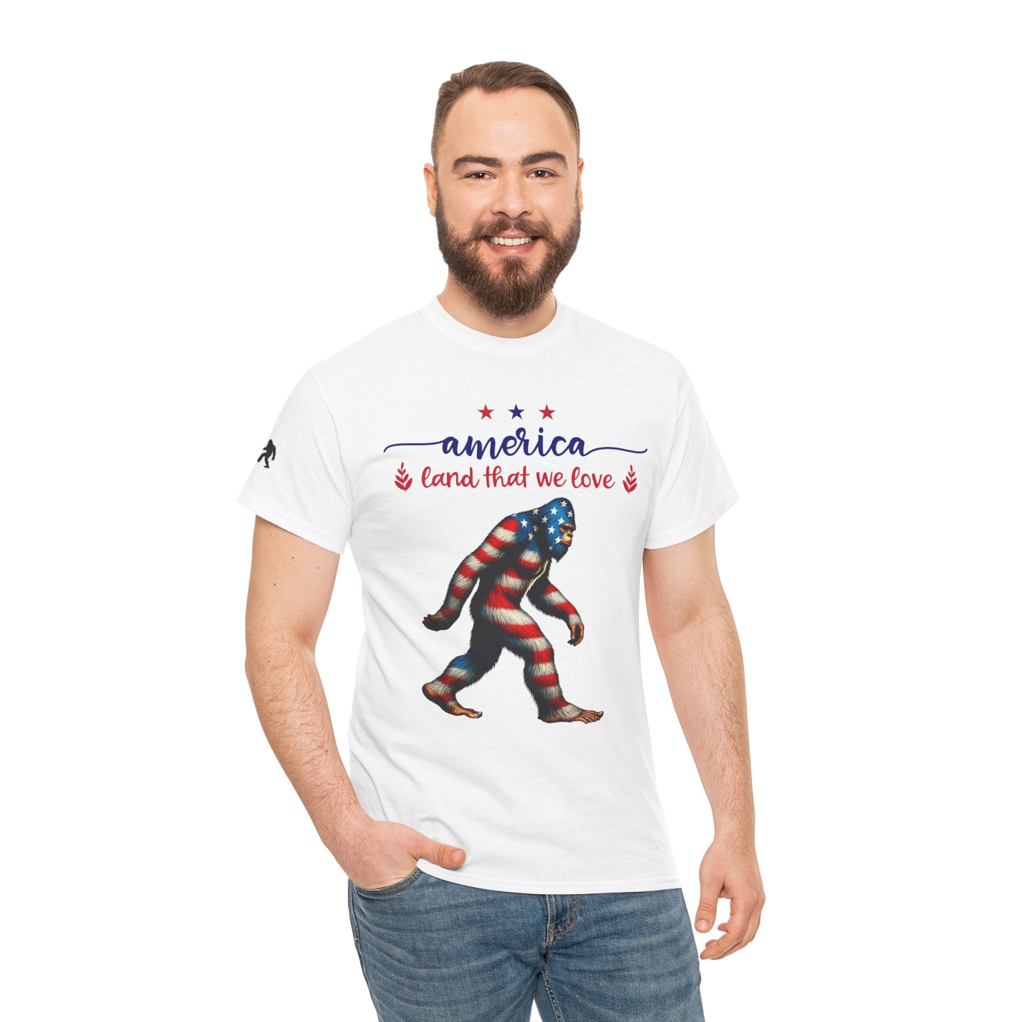 America “Land That We Love” Patriotic T‑Shirt — Flag Sasquatch Graphic Tee