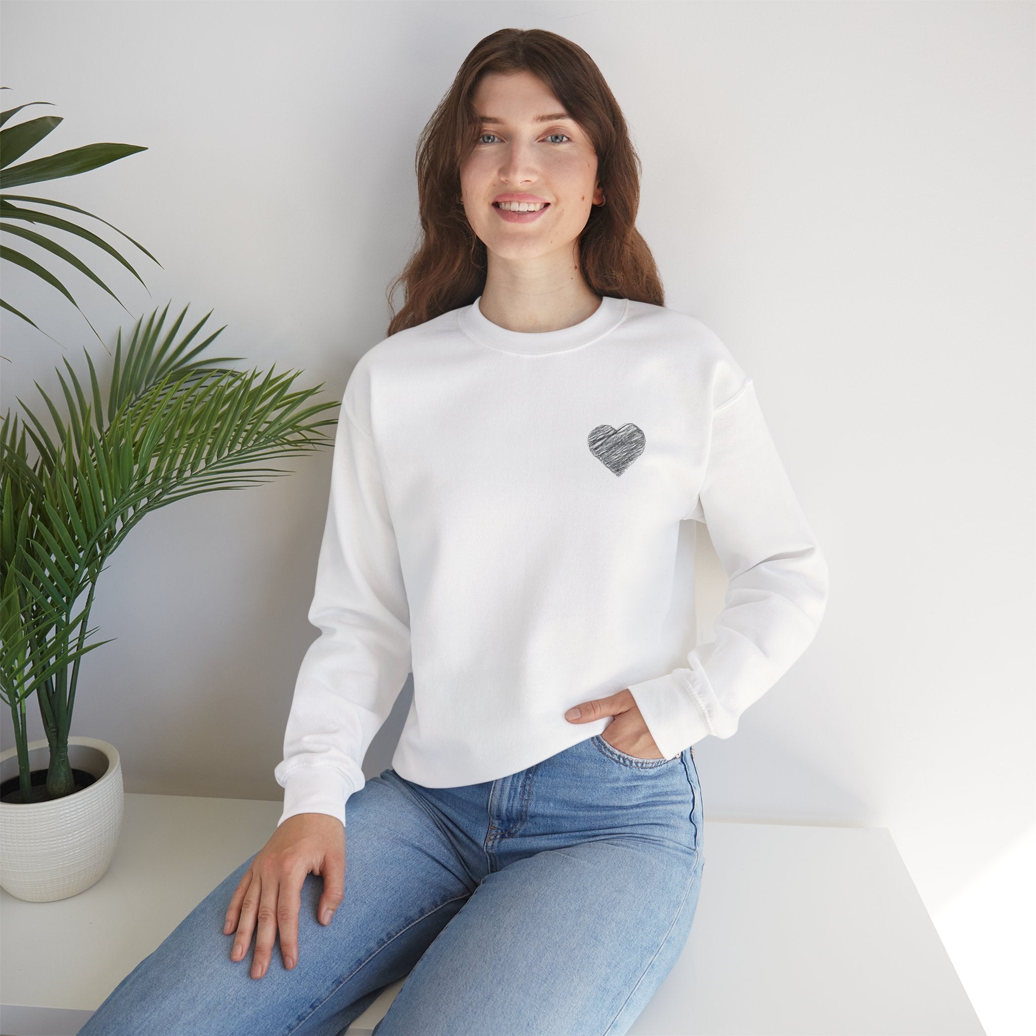 White Crewneck Sweatshirt with Small Gray Heart Chest Design