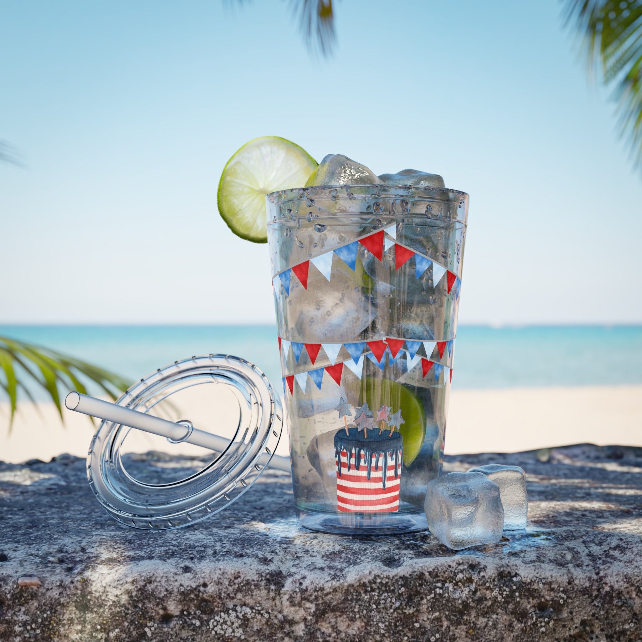 Patriotic Bow 16oz Tumbler with Straw — Red, White & Blue Stars Design