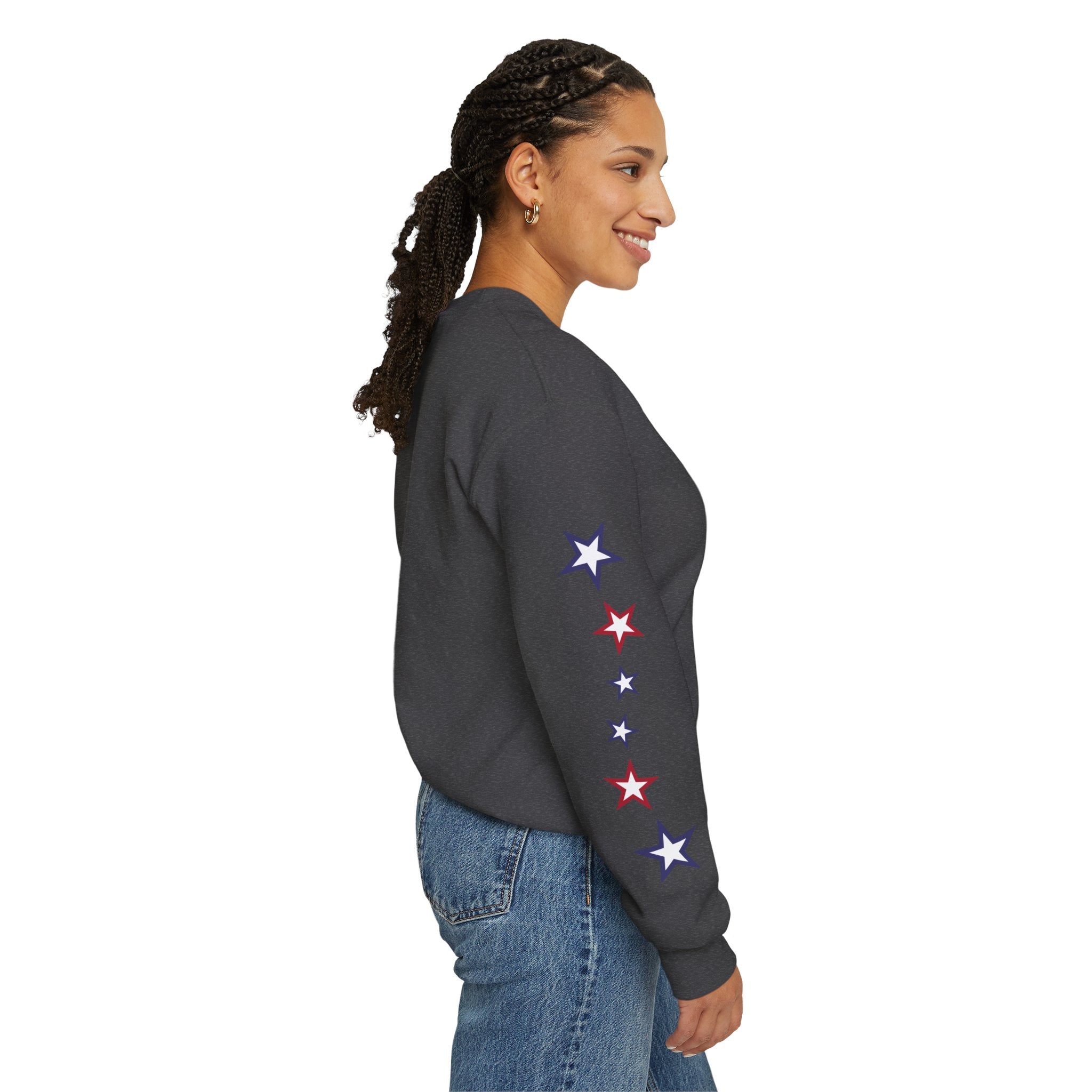 American Flag Castle Crewneck Sweatshirt — Patriotic Stars Sleeve Pullover