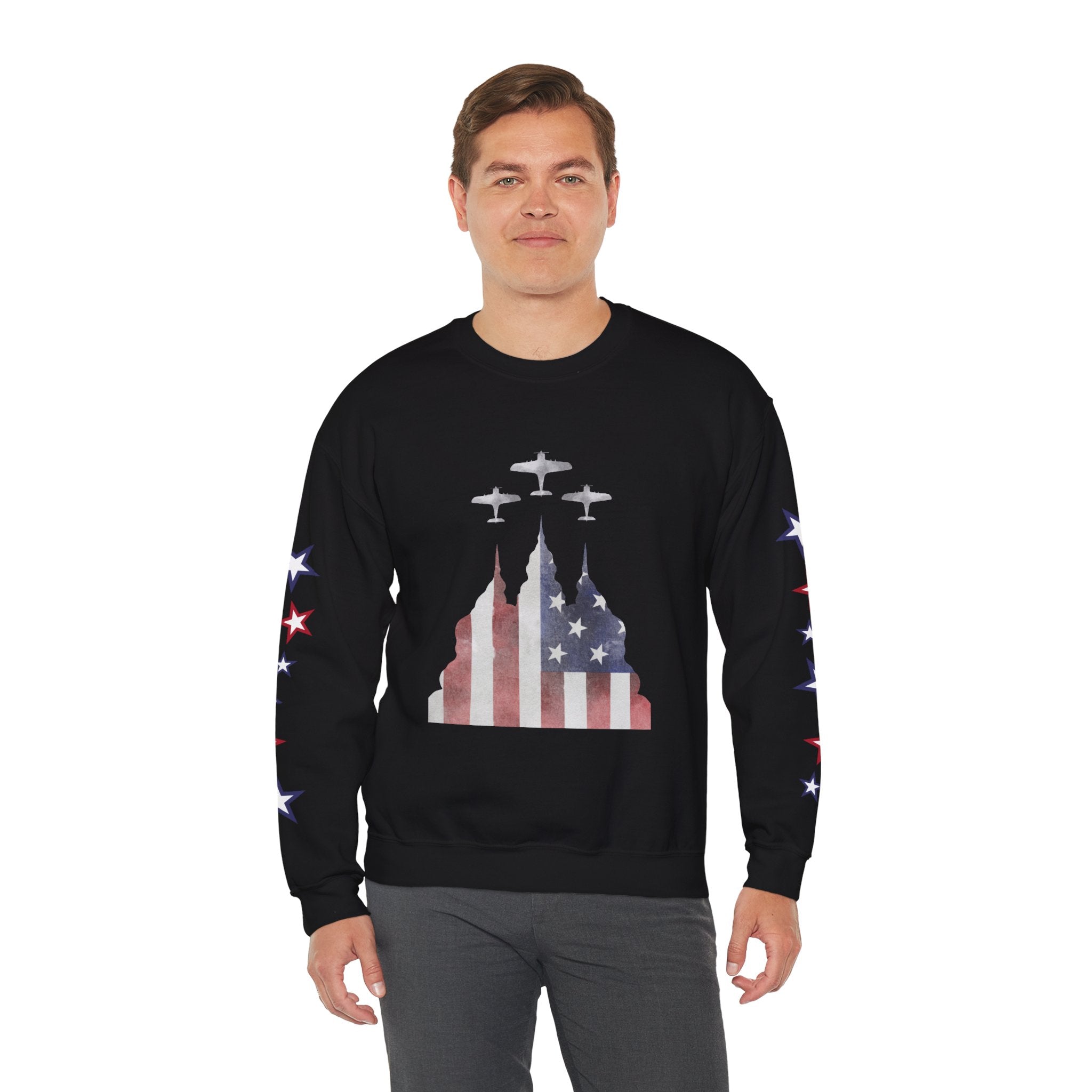 American Flag Castle Crewneck Sweatshirt — Patriotic Stars Sleeve Pullover