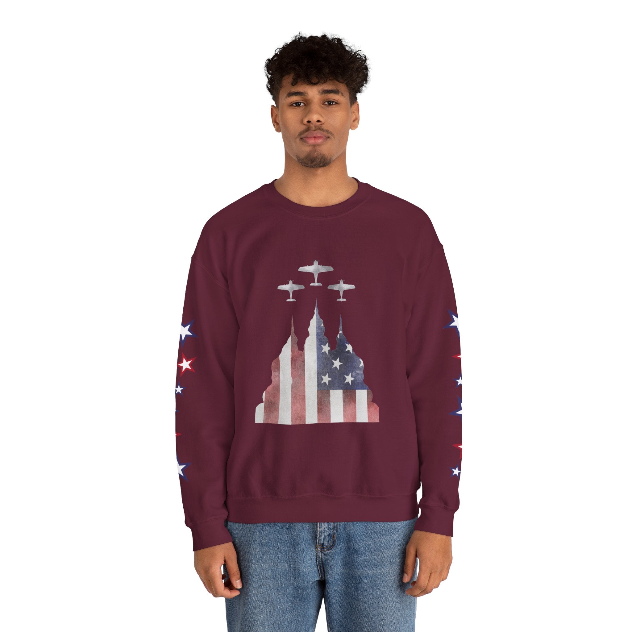 American Flag Castle Crewneck Sweatshirt — Patriotic Stars Sleeve Pullover