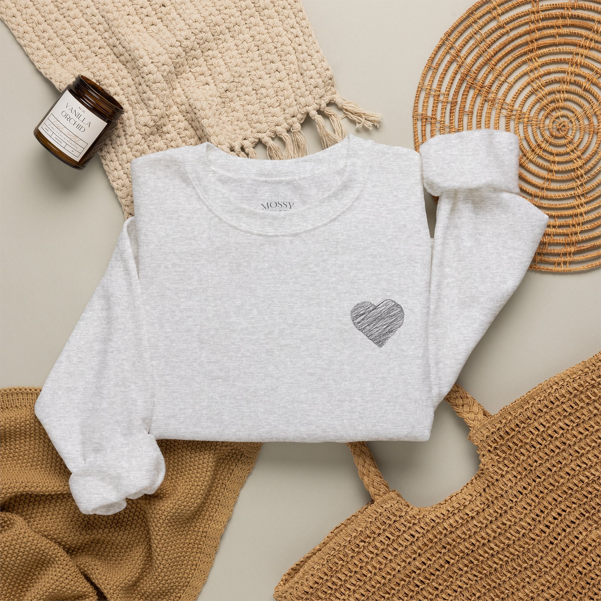 White Crewneck Sweatshirt with Small Gray Heart Chest Design