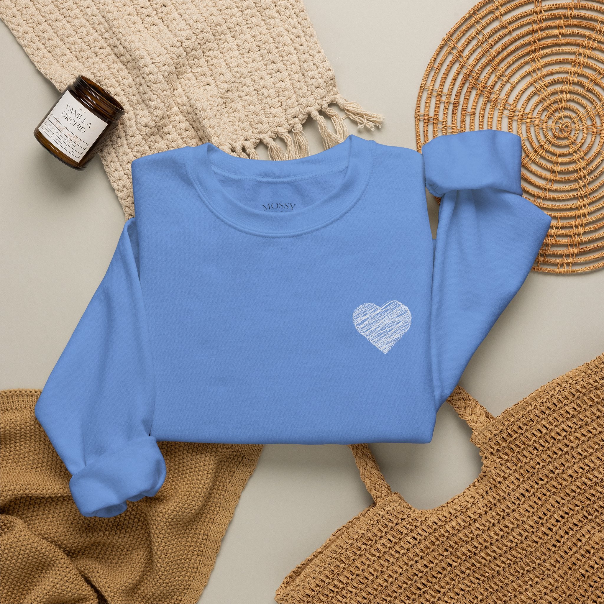 White Crewneck Sweatshirt with Small Gray Heart Chest Design