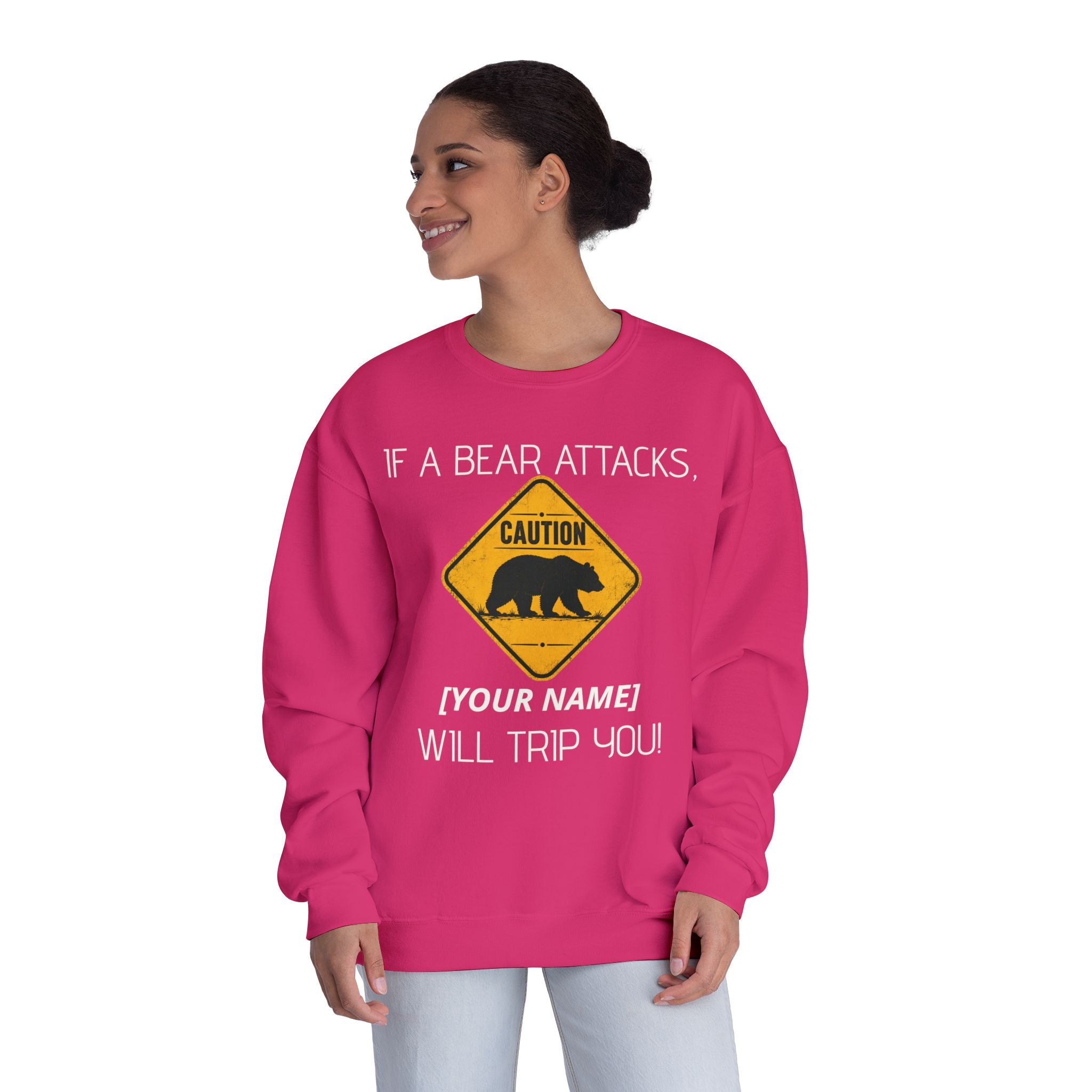 Bear Caution Crewneck Sweatshirt — "If a Bear Attacks, [Your Name] Will Trip You"