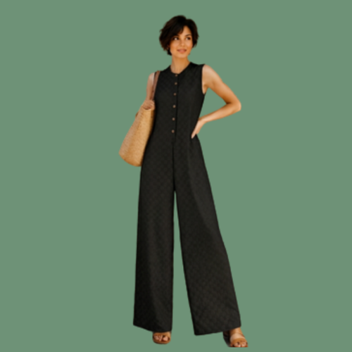 Checker Textured Sleeveless Wide Leg Jumpsuit