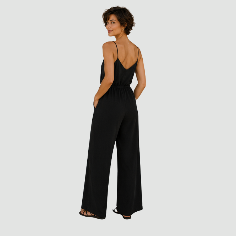 Solid Spaghetti Strap Wide Leg Drawstring Jumpsuit