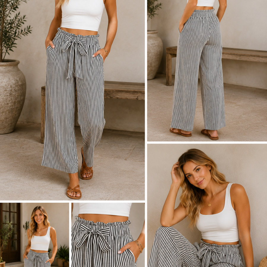 Stripe Tied High Waist Straight Leg Pants