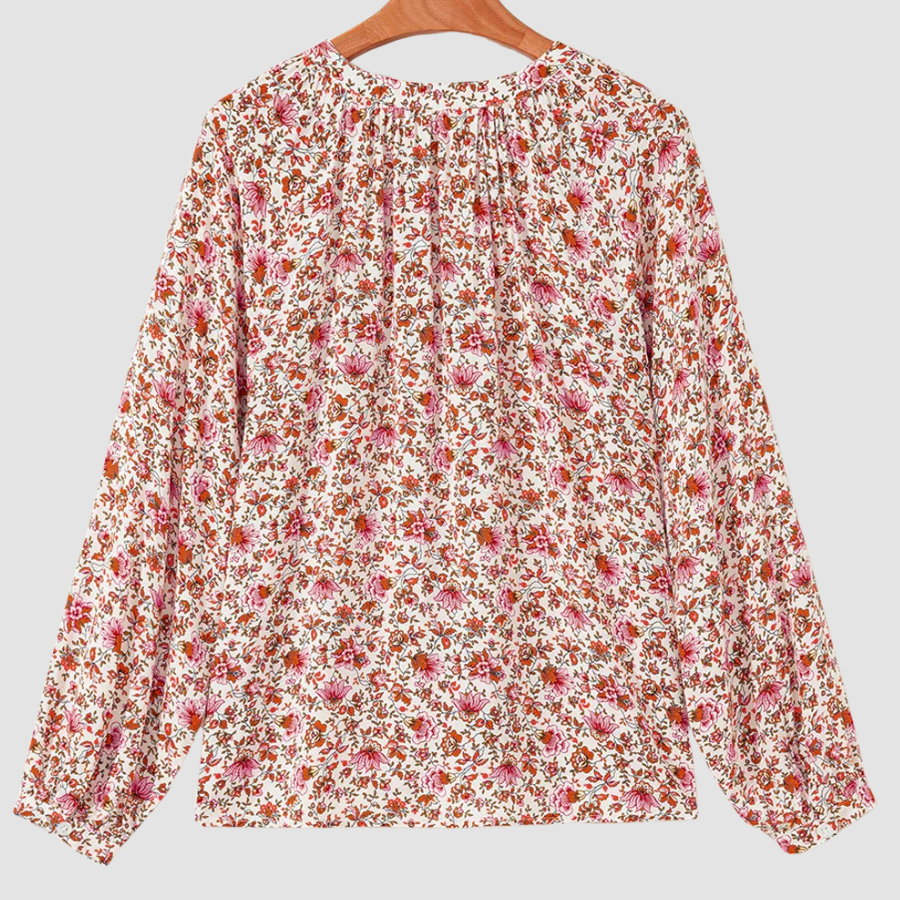 Floral Pleated Notched Neck Puff Sleeve Blouse