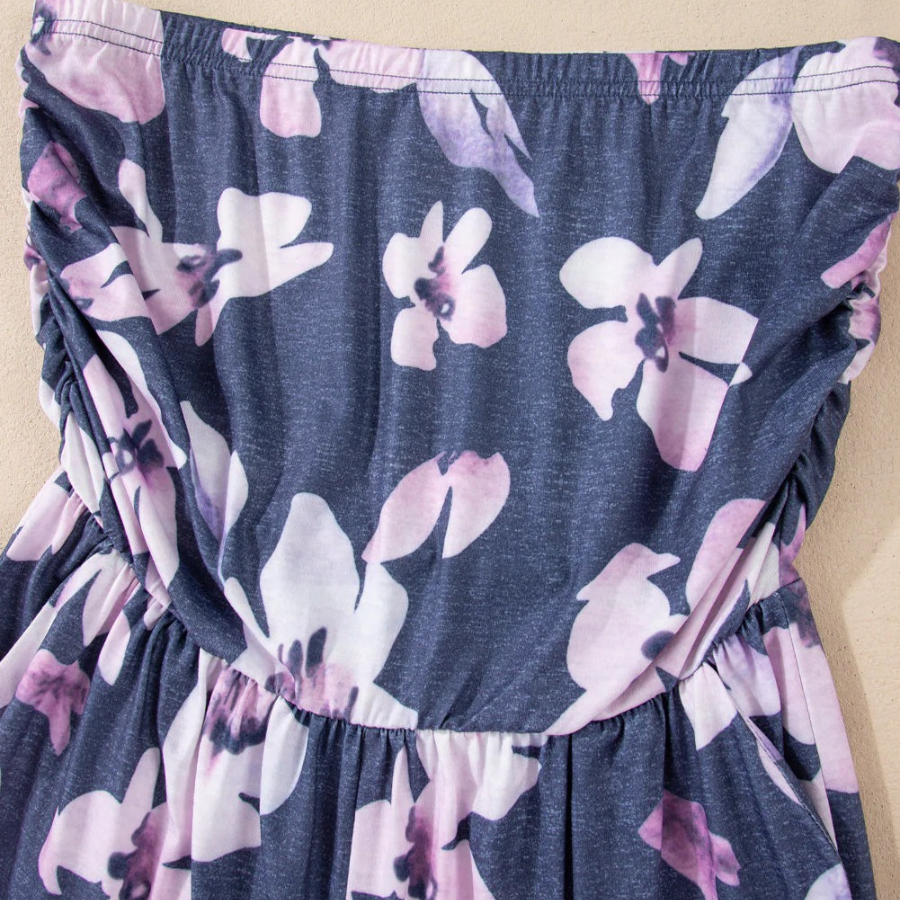Floral Ruched Strapless Bandeau Pocketed Romper
