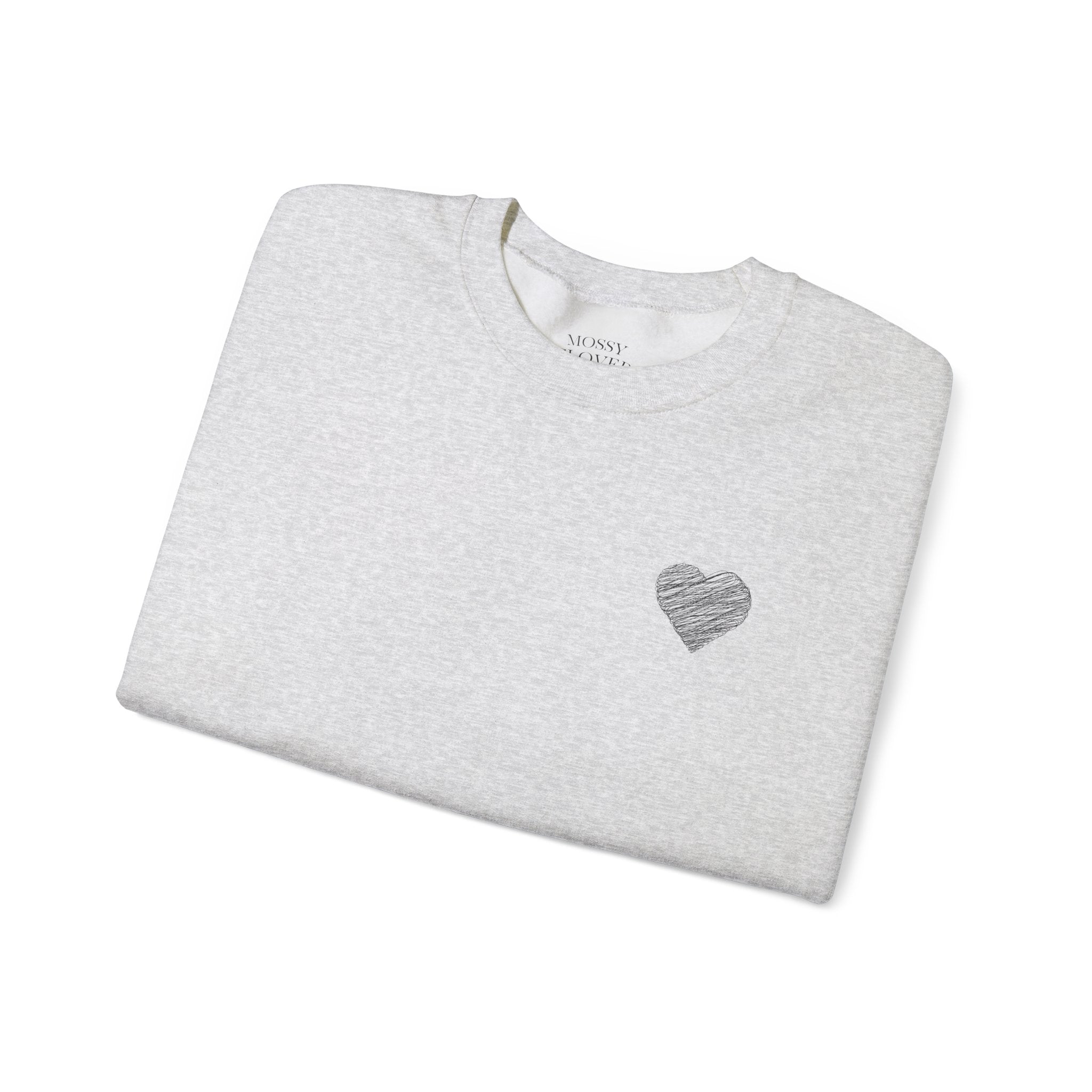 White Crewneck Sweatshirt with Small Gray Heart Chest Design