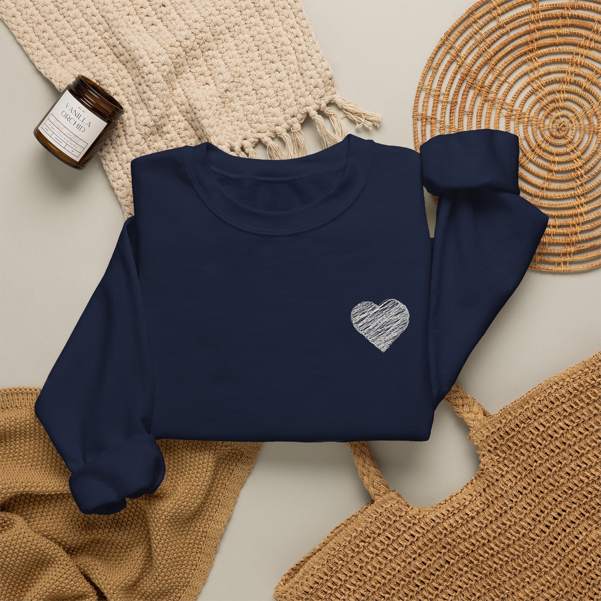 White Crewneck Sweatshirt with Small Gray Heart Chest Design