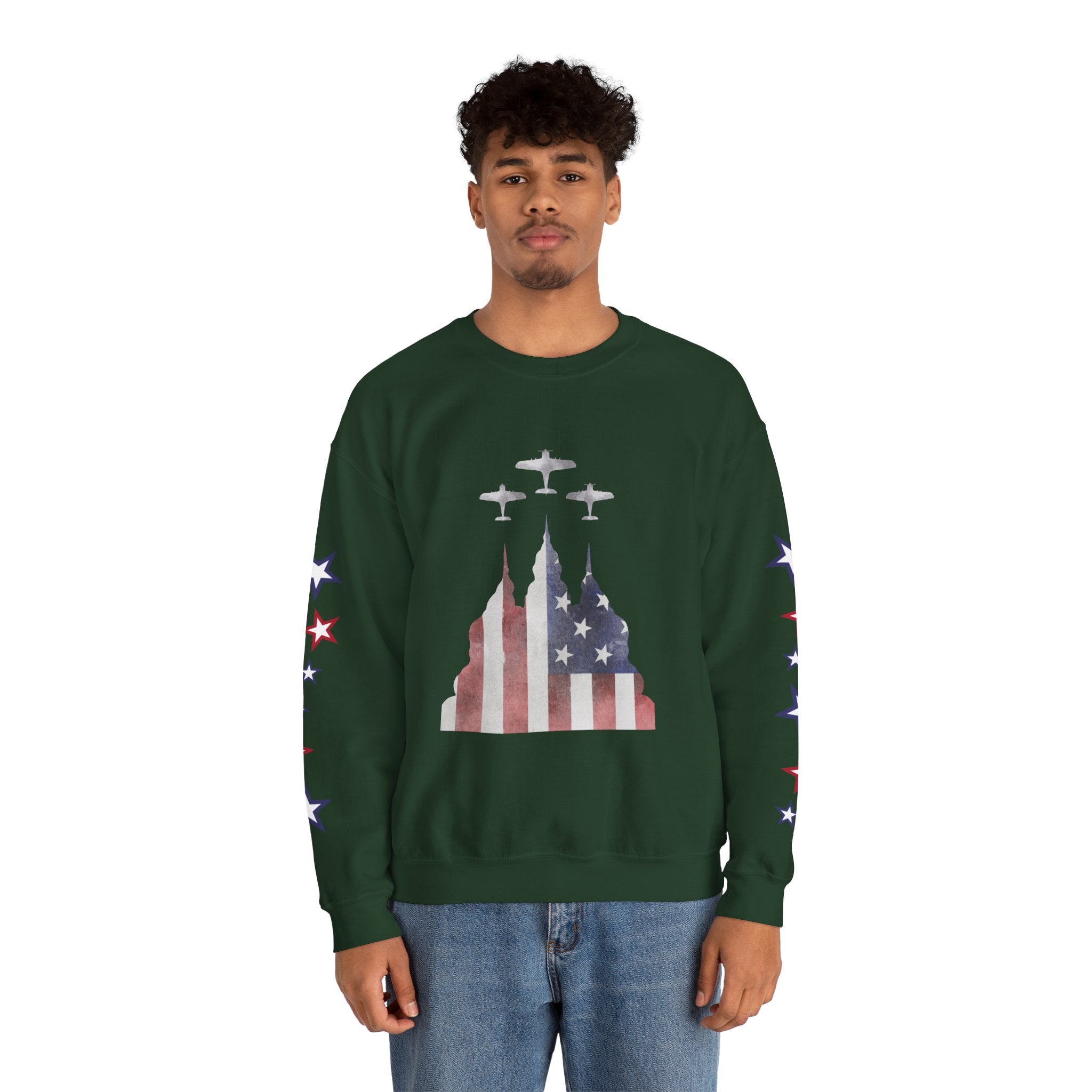 American Flag Castle Crewneck Sweatshirt — Patriotic Stars Sleeve Pullover