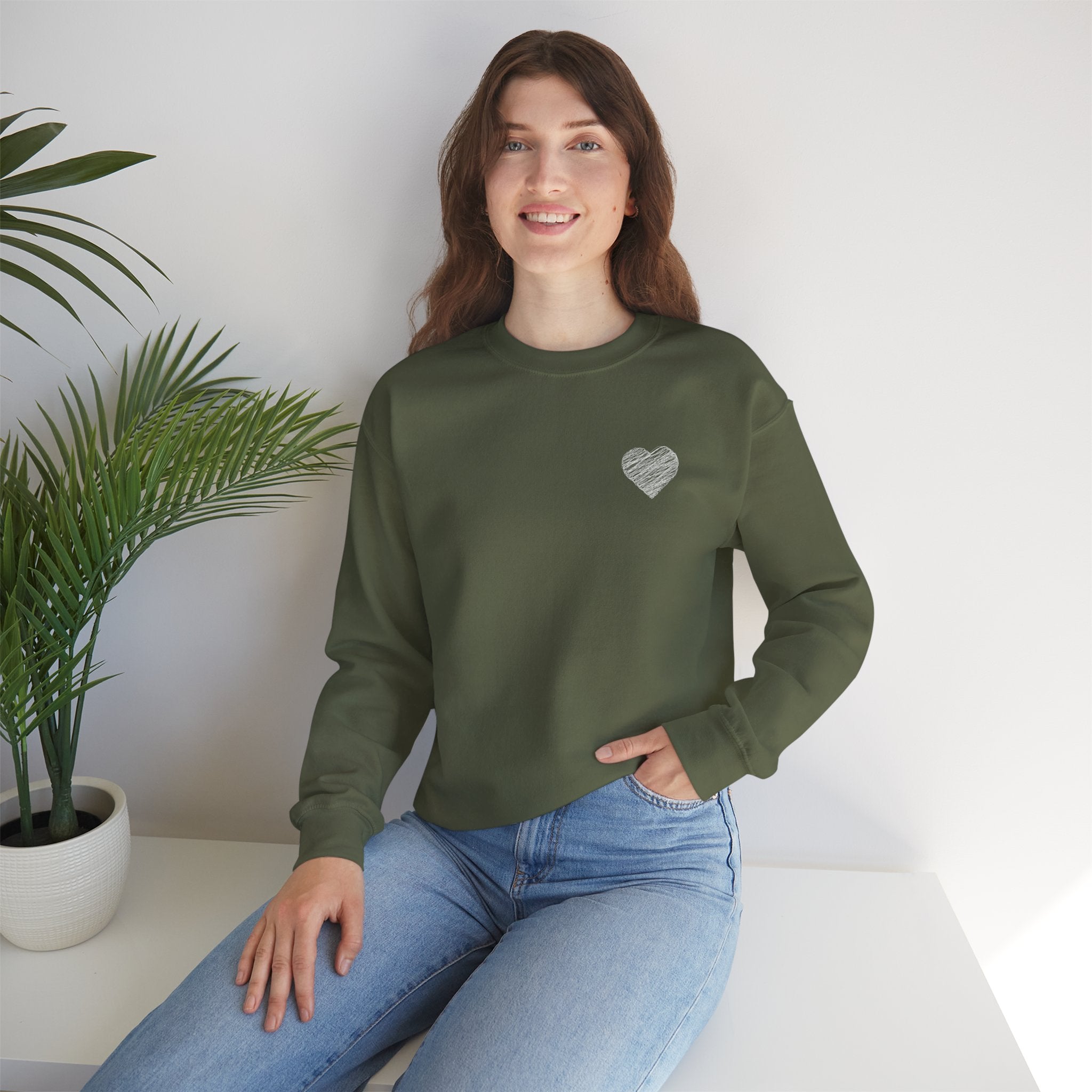 White Crewneck Sweatshirt with Small Gray Heart Chest Design