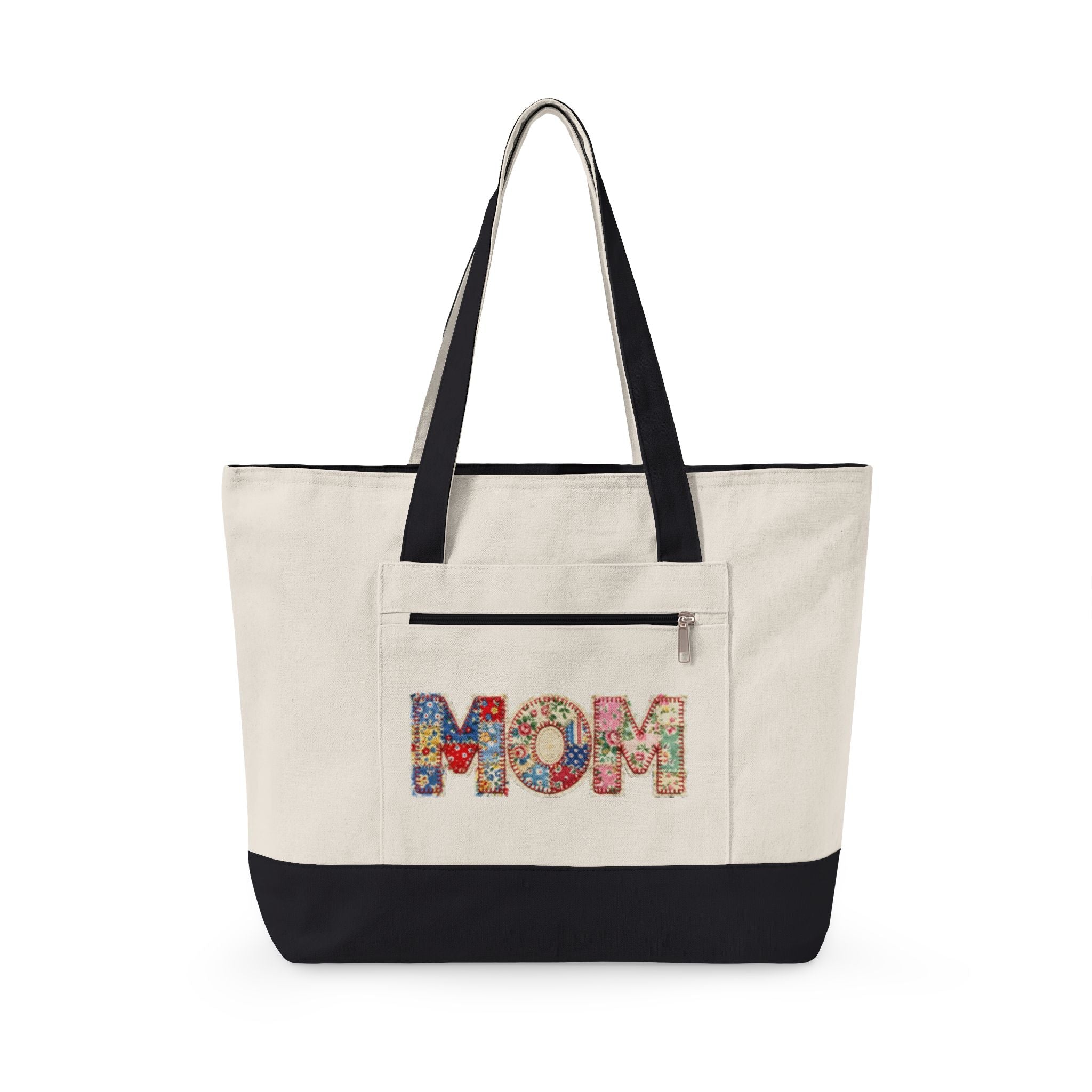 'Mom' Quilted Zippered Canvas Tote Bag – Durable Mom Bag for Mother's Day