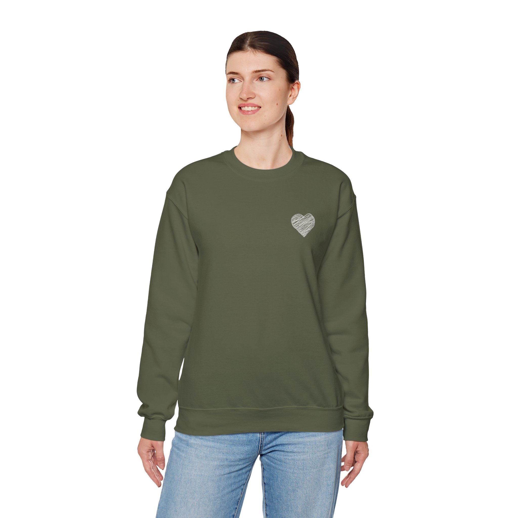 White Crewneck Sweatshirt with Small Gray Heart Chest Design