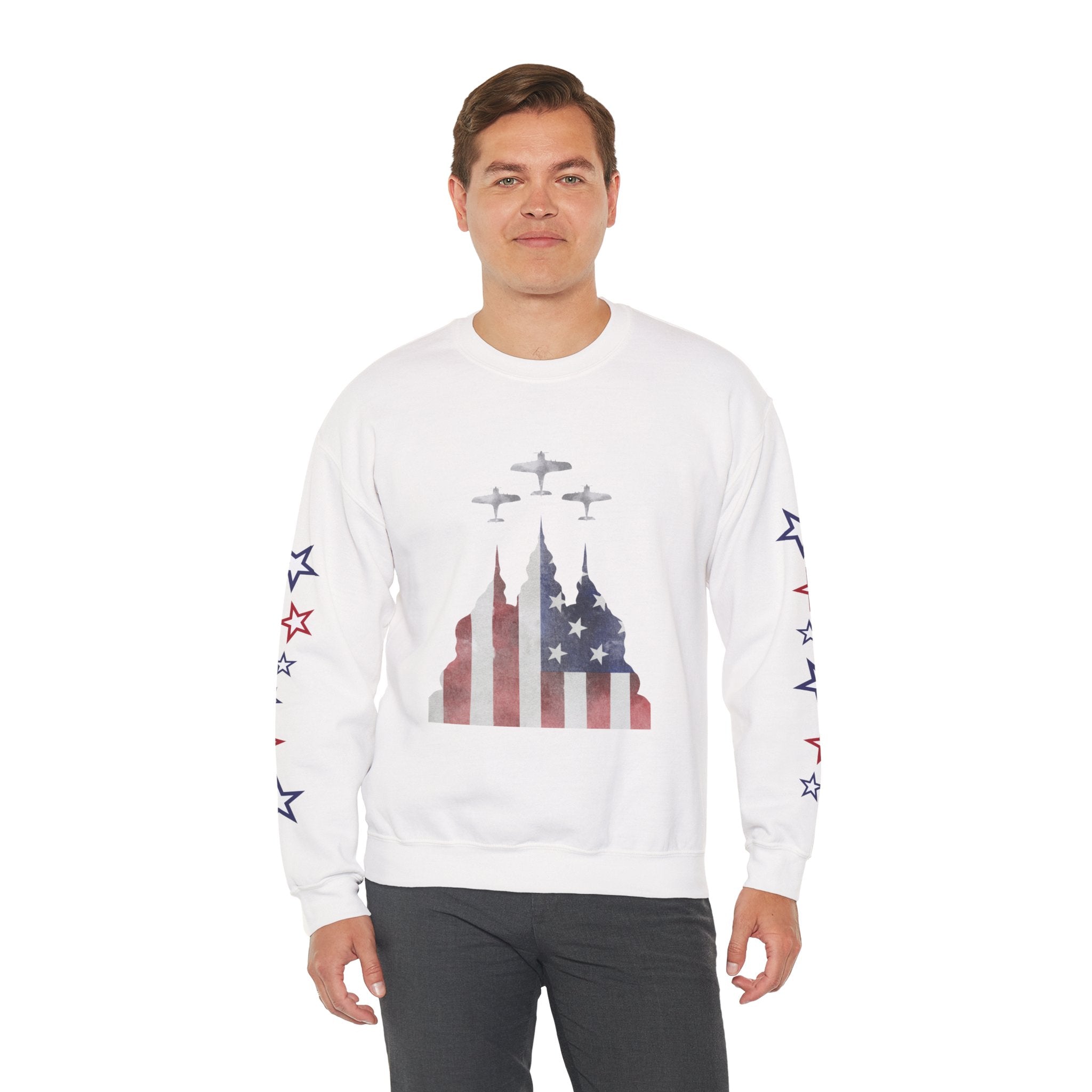 American Flag Castle Crewneck Sweatshirt — Patriotic Stars Sleeve Pullover