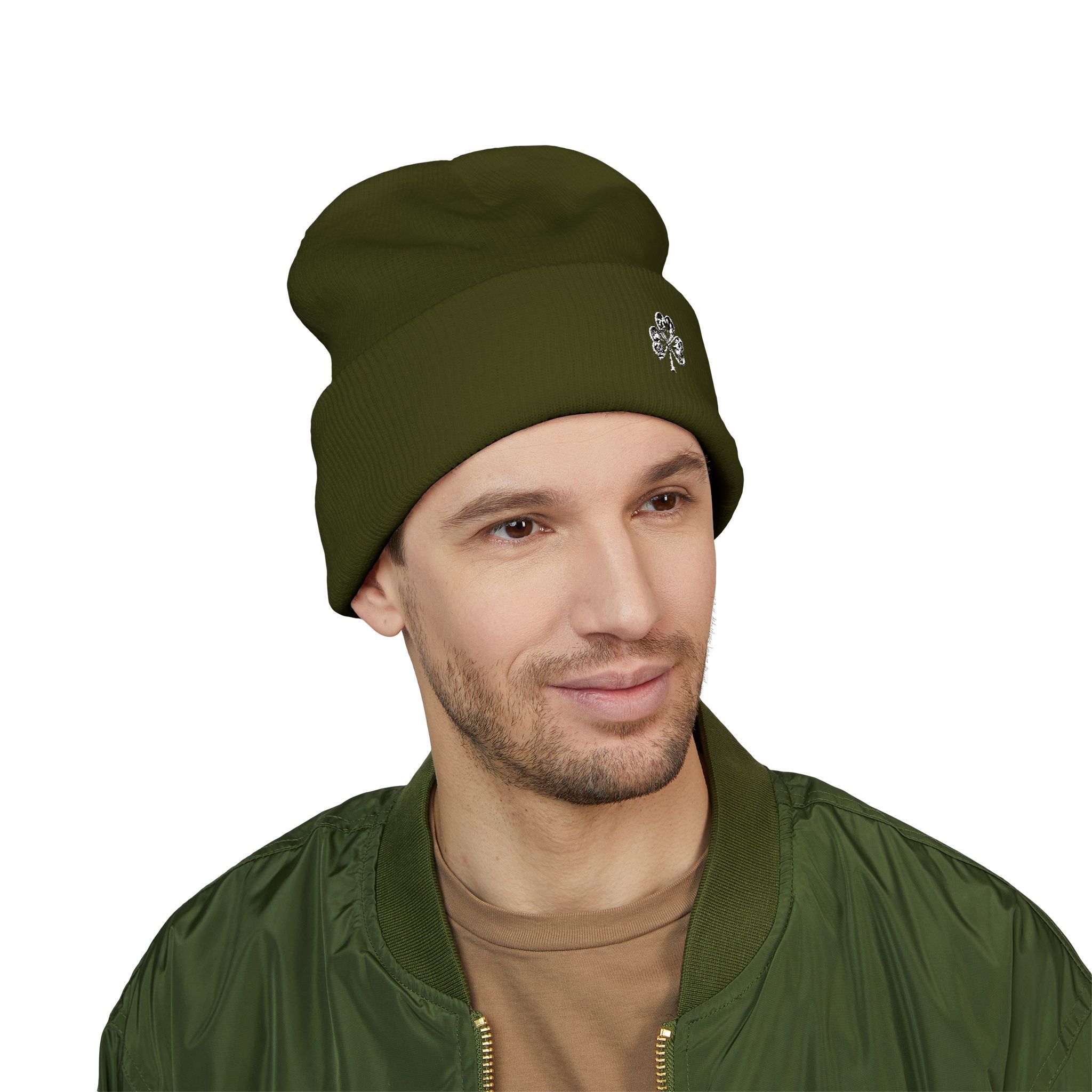 Embroidered Mossy Clover Cuffed Beanie