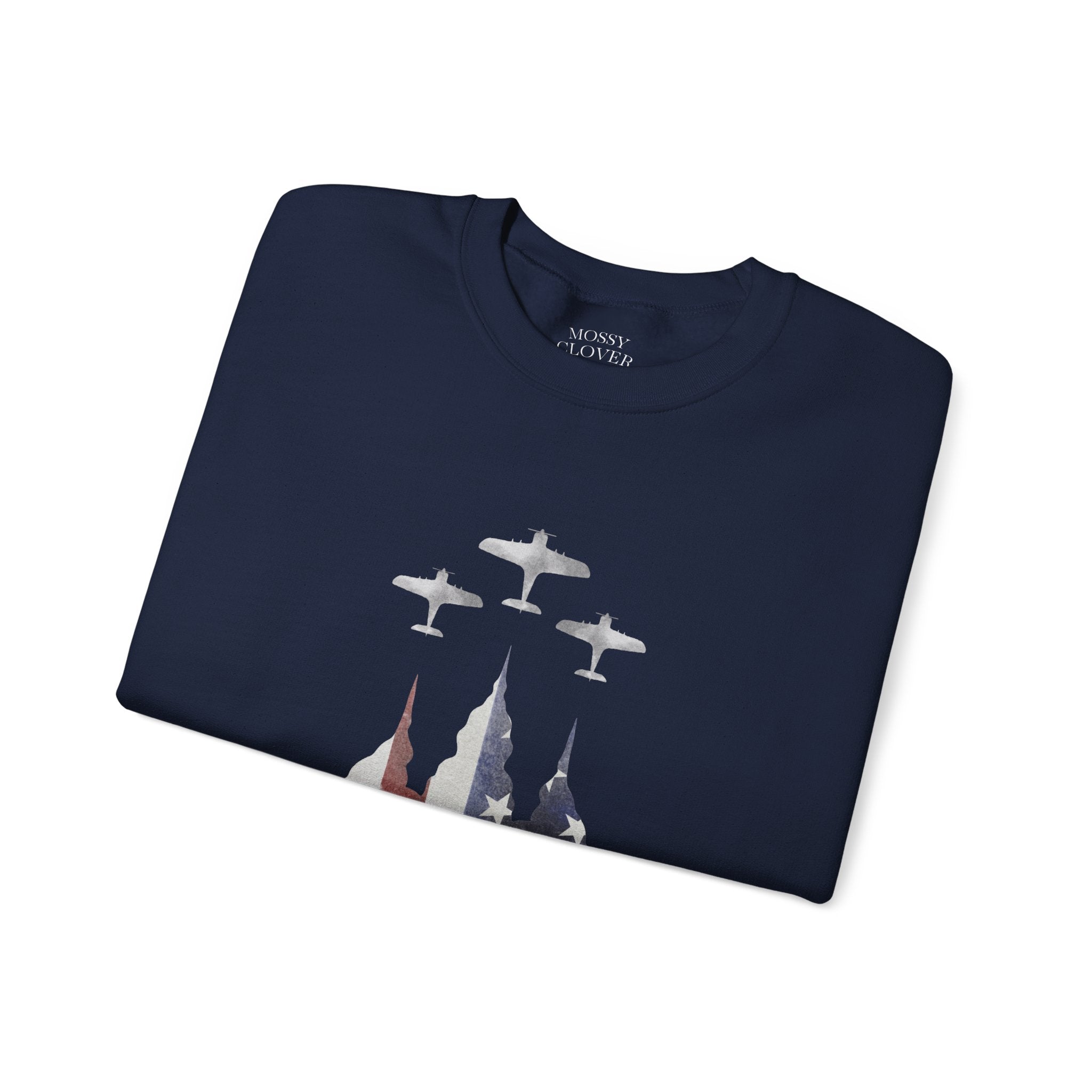 American Flag Castle Crewneck Sweatshirt — Patriotic Stars Sleeve Pullover