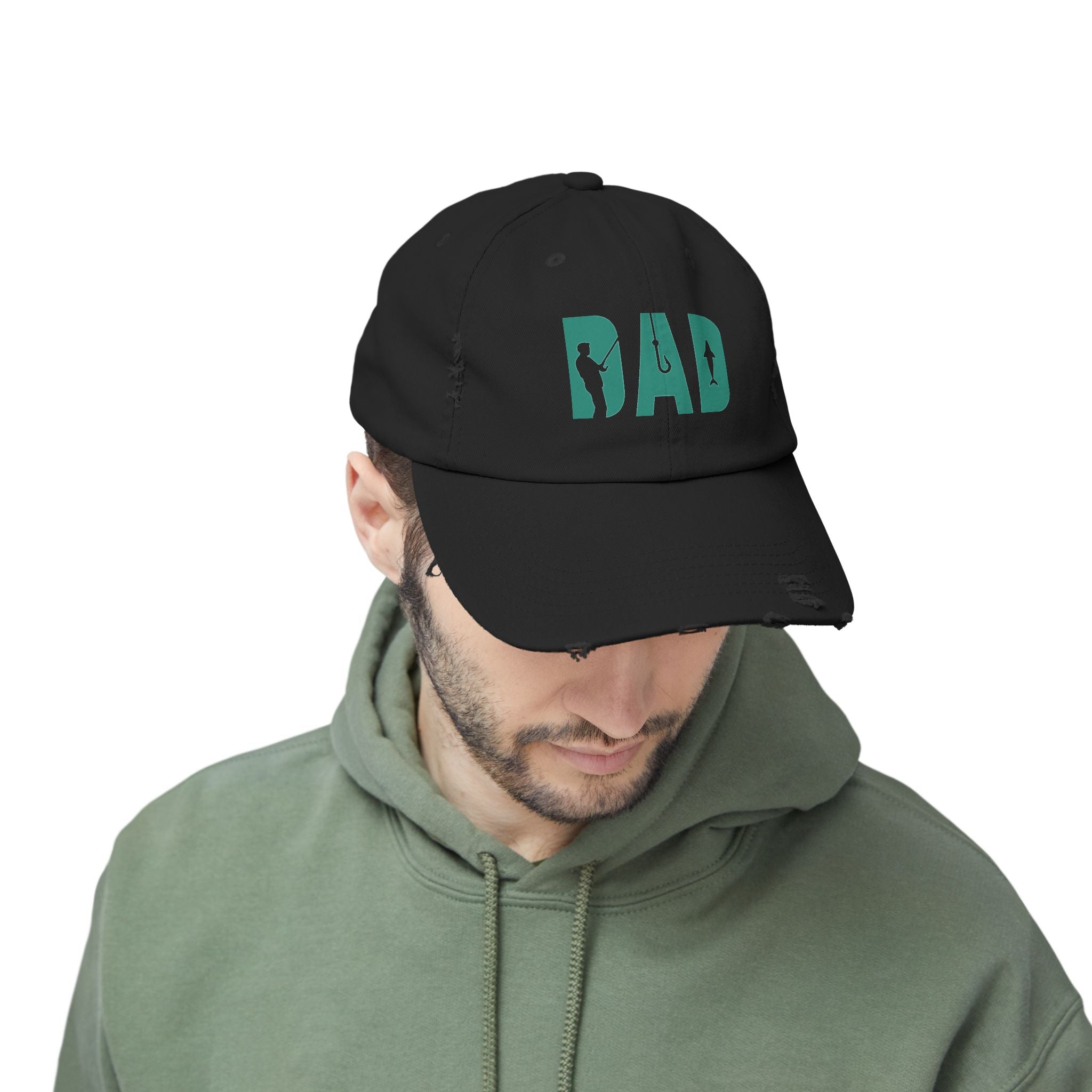 Fishing Dad Distressed Cap — 'DAD' Hook & Fish Trucker Hat
