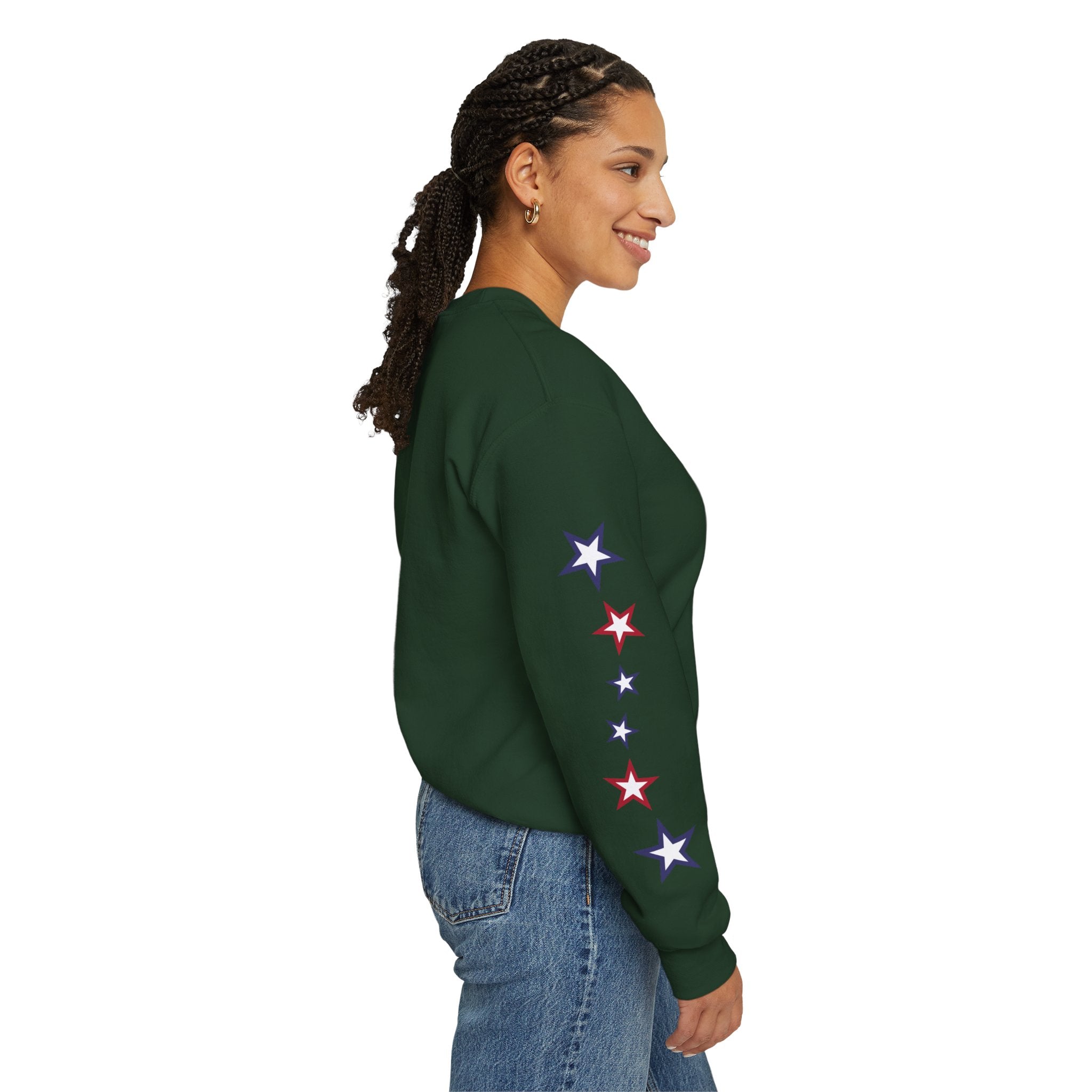 American Flag Castle Crewneck Sweatshirt — Patriotic Stars Sleeve Pullover