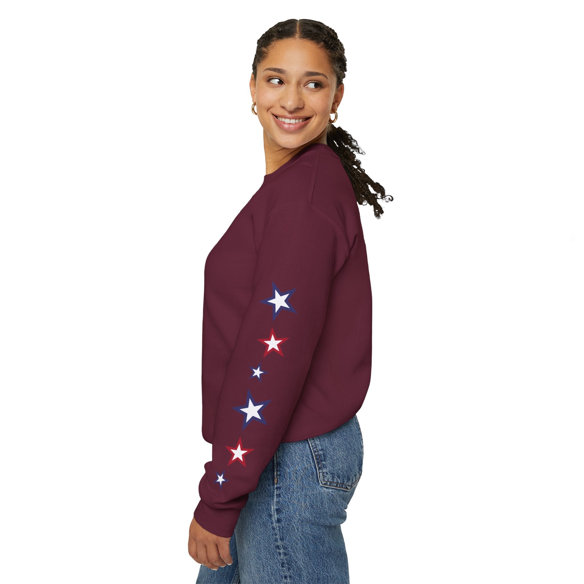 American Flag Castle Crewneck Sweatshirt — Patriotic Stars Sleeve Pullover