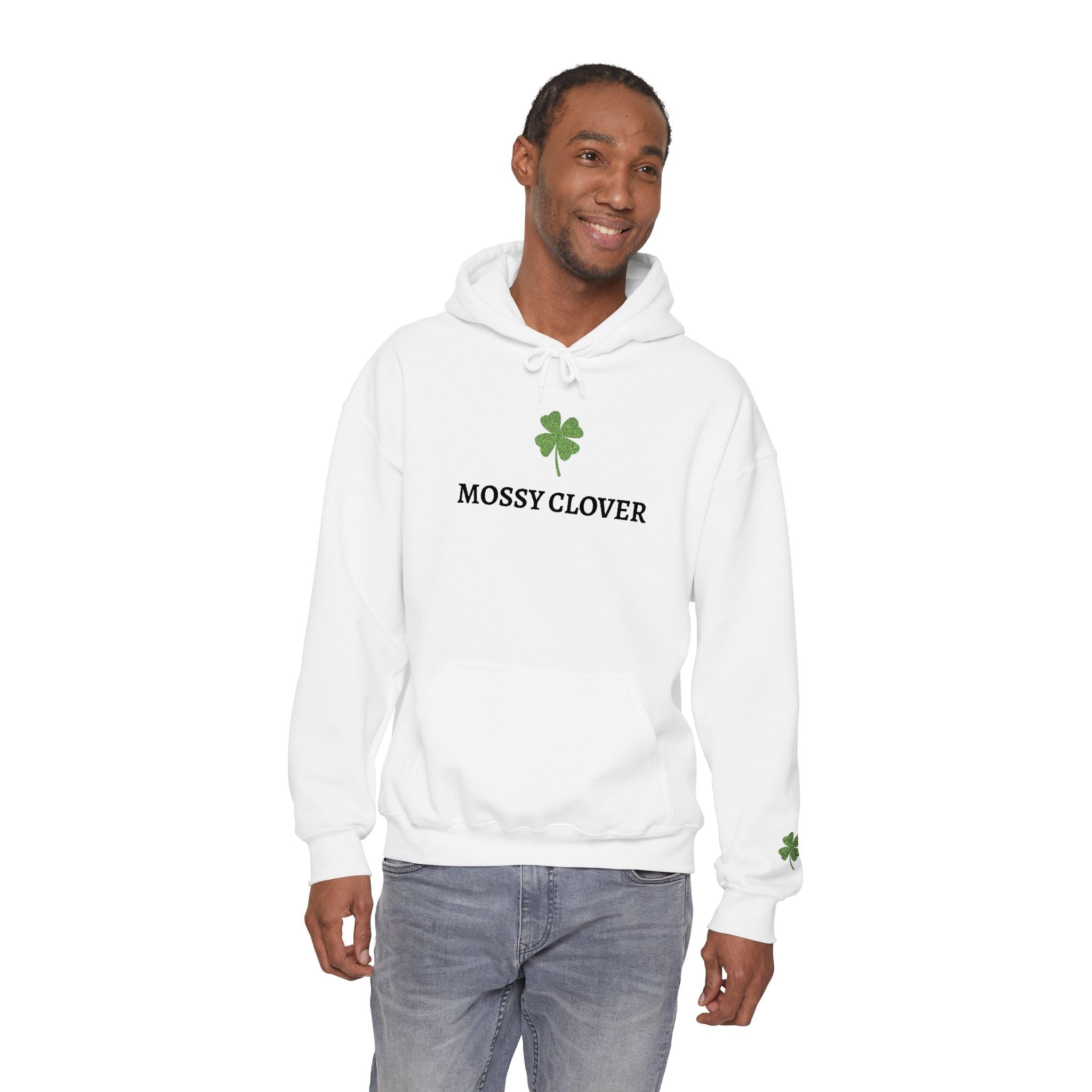 Mossy Clover Hoodie — Embroidered Green Four-Leaf Clover Graphic Pullover