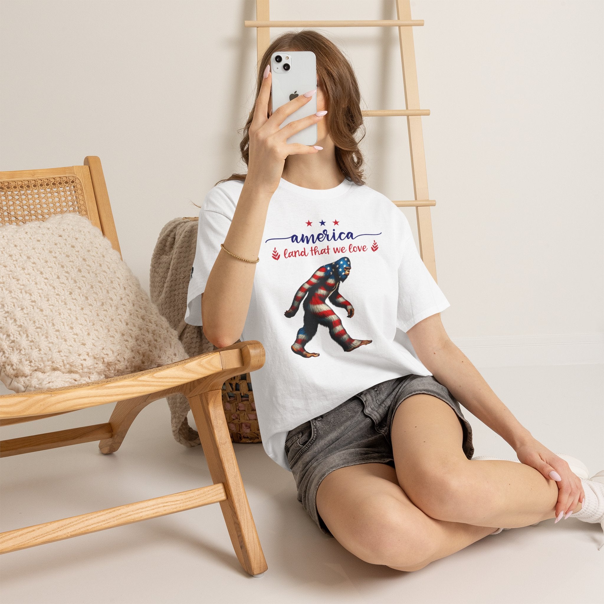America “Land That We Love” Patriotic T‑Shirt — Flag Sasquatch Graphic Tee