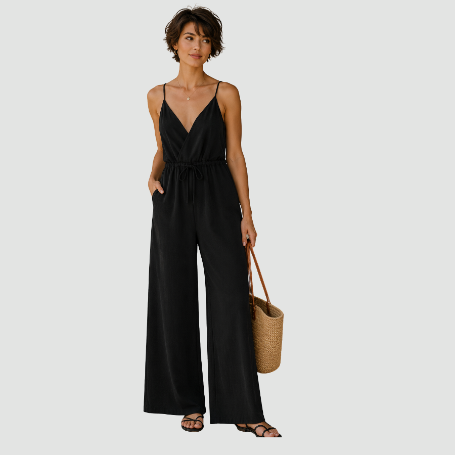 Solid Spaghetti Strap Wide Leg Drawstring Jumpsuit