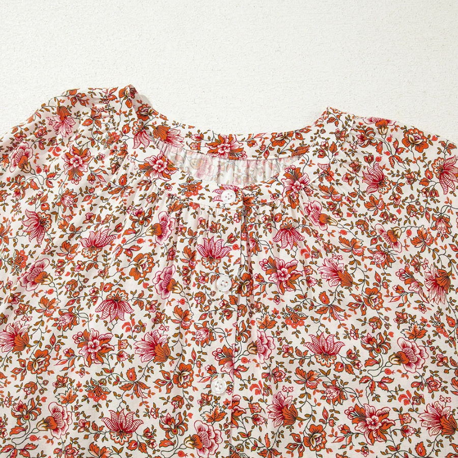 Floral Pleated Notched Neck Puff Sleeve Blouse