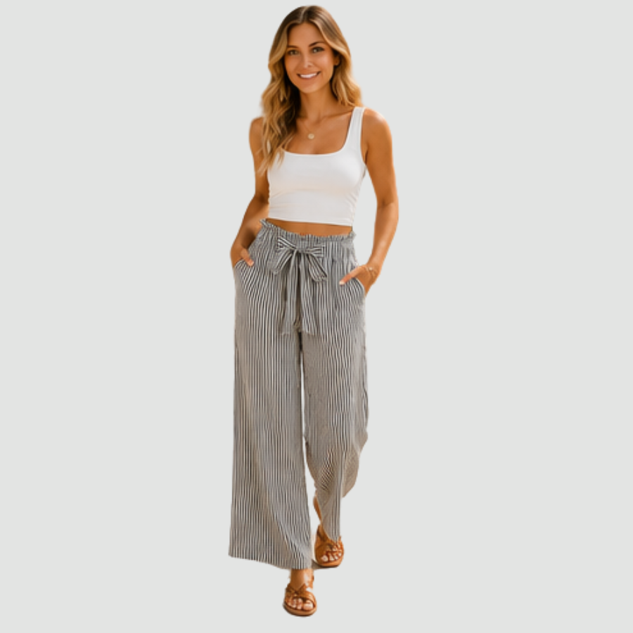 Stripe Tied High Waist Straight Leg Pants