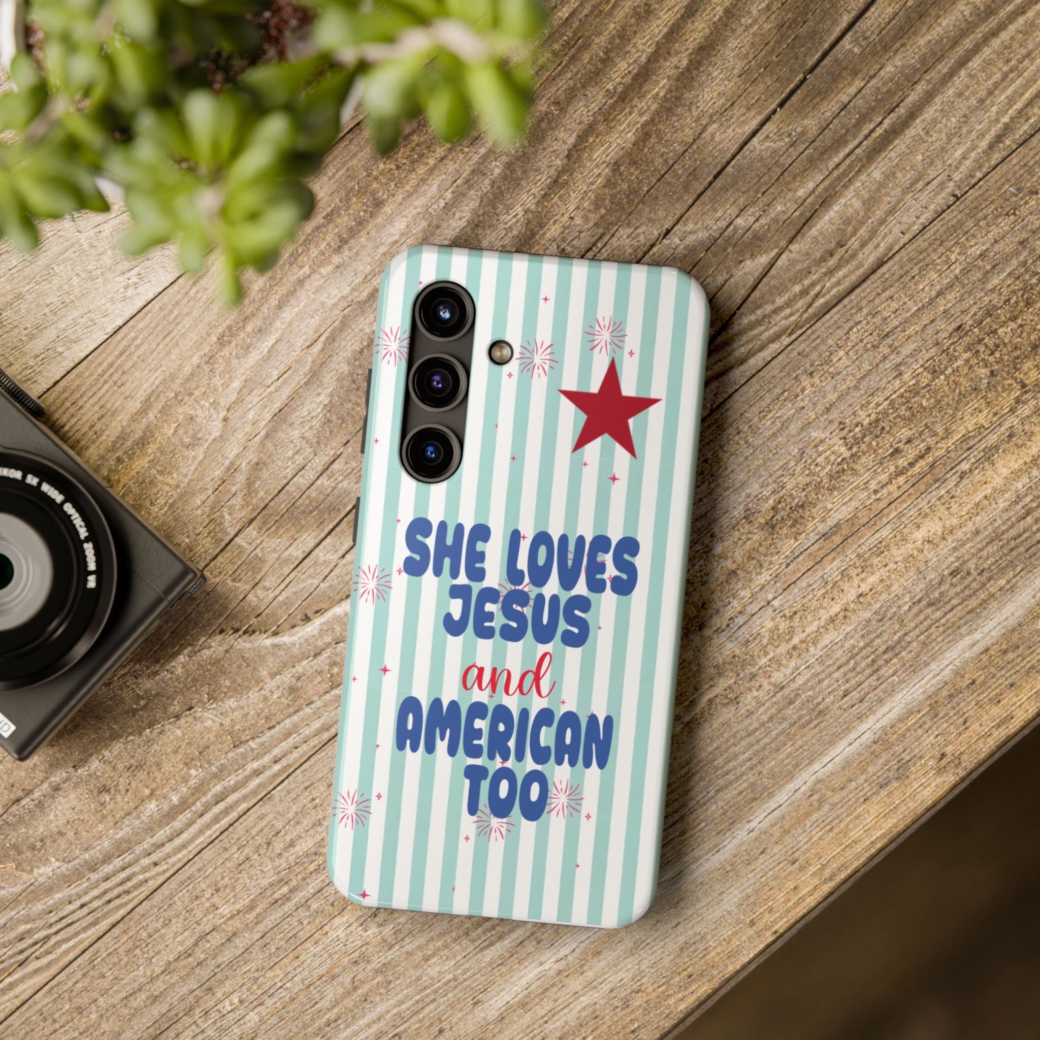 She Loves Jesus and American Too Tough Phone Case — Patriotic Faith iPhone Cover