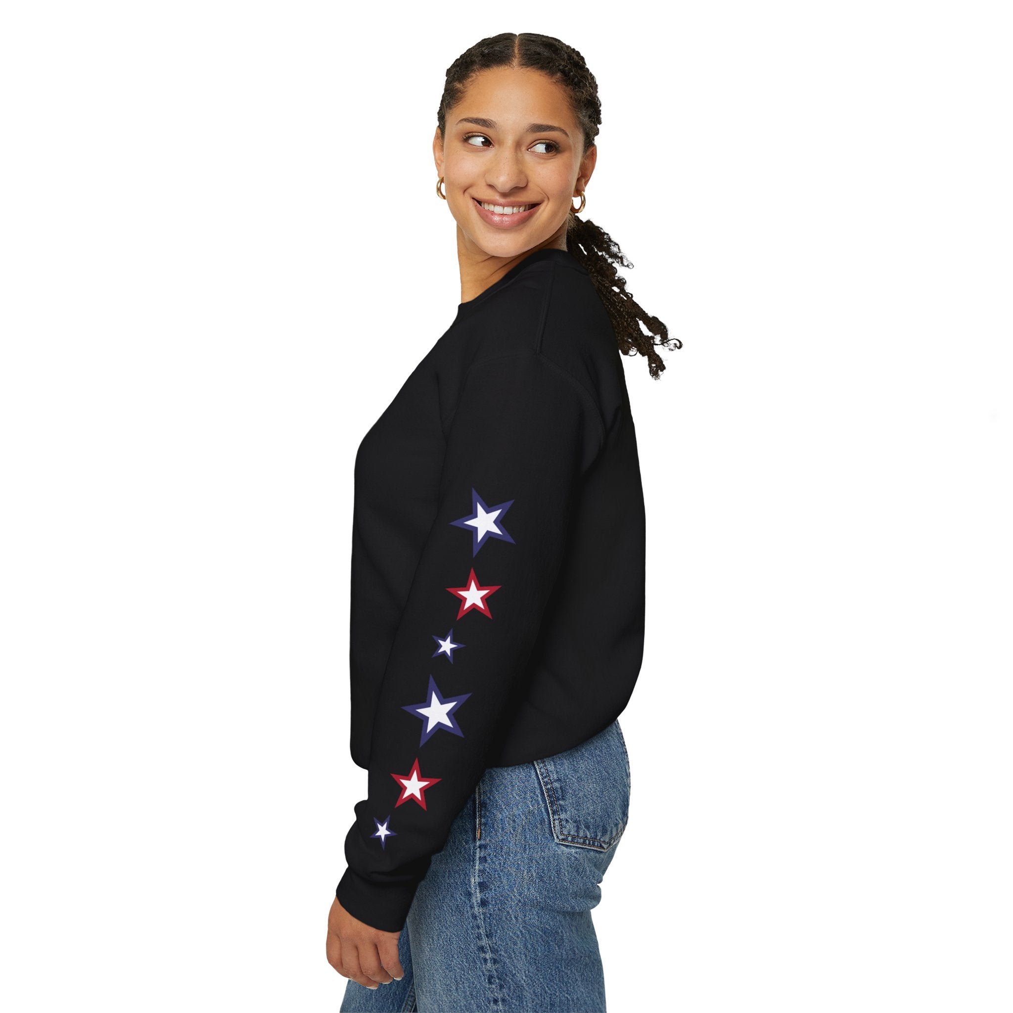 American Flag Castle Crewneck Sweatshirt — Patriotic Stars Sleeve Pullover