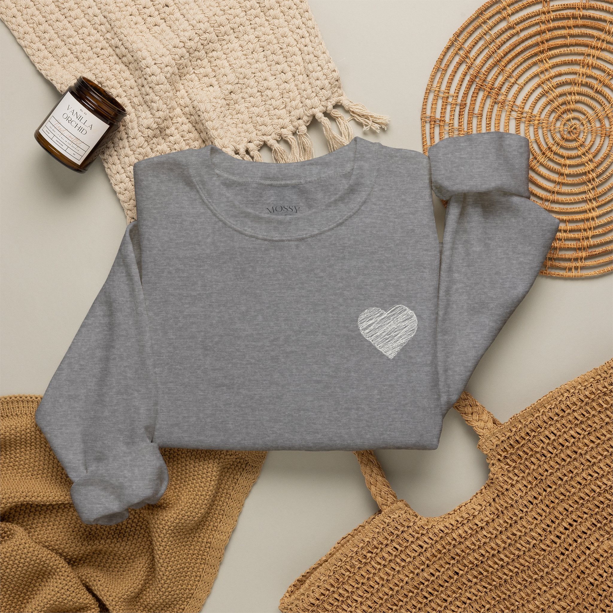 White Crewneck Sweatshirt with Small Gray Heart Chest Design