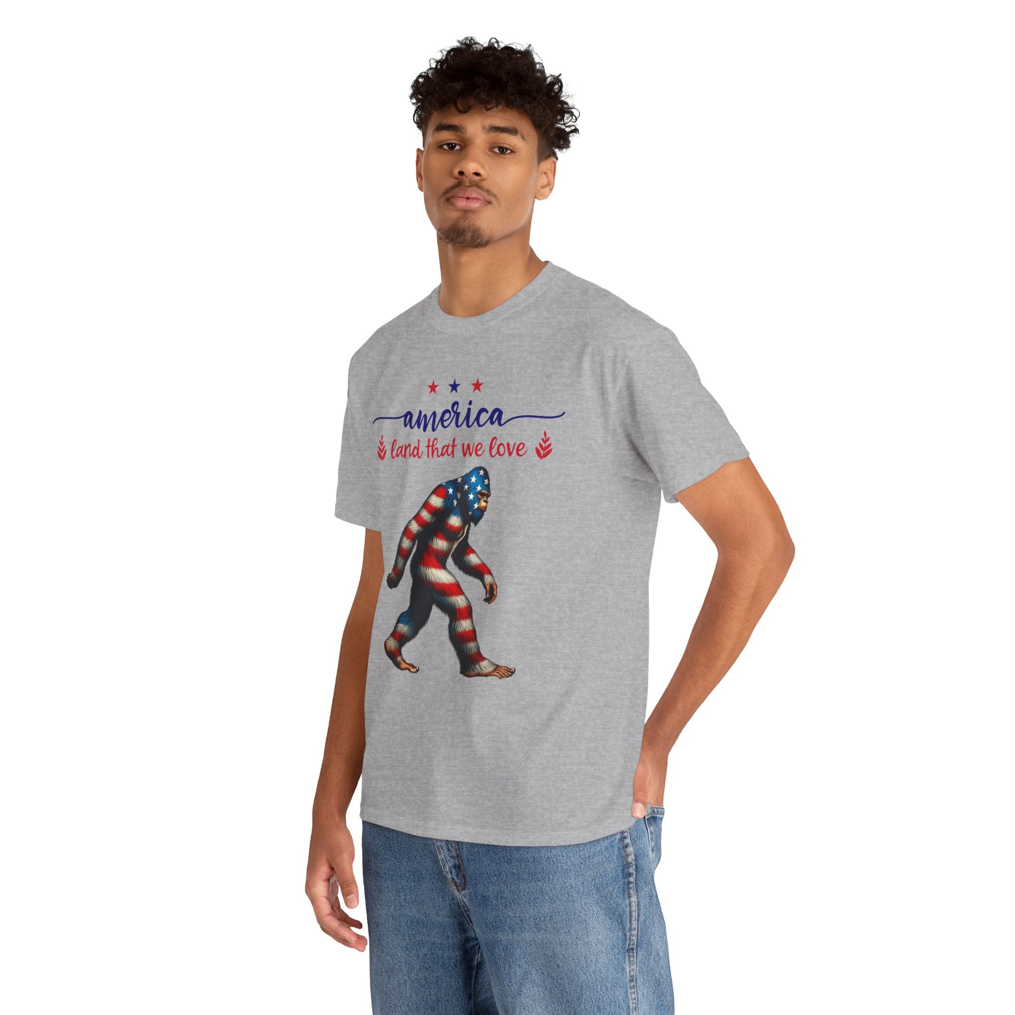 America “Land That We Love” Patriotic T‑Shirt — Flag Sasquatch Graphic Tee