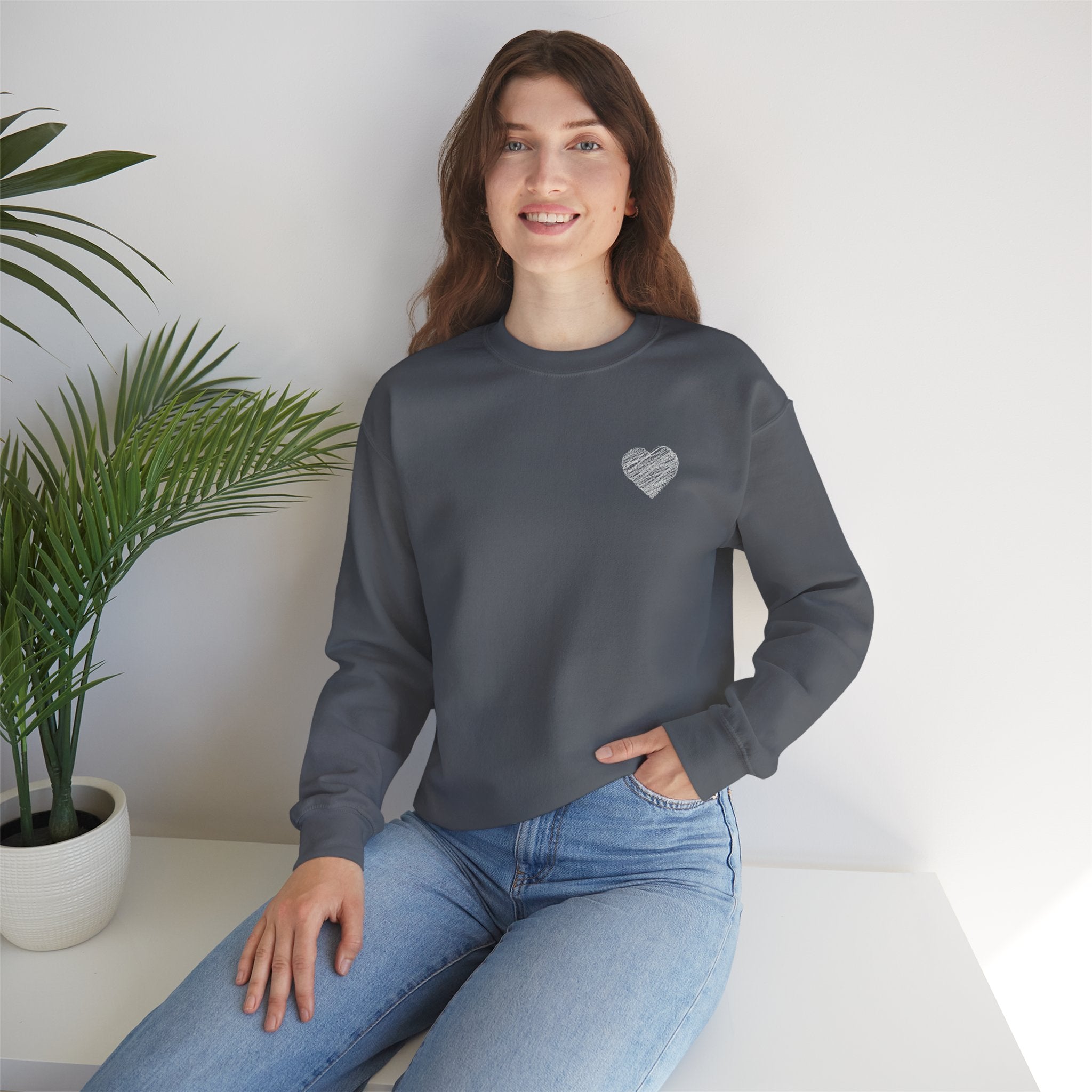 White Crewneck Sweatshirt with Small Gray Heart Chest Design
