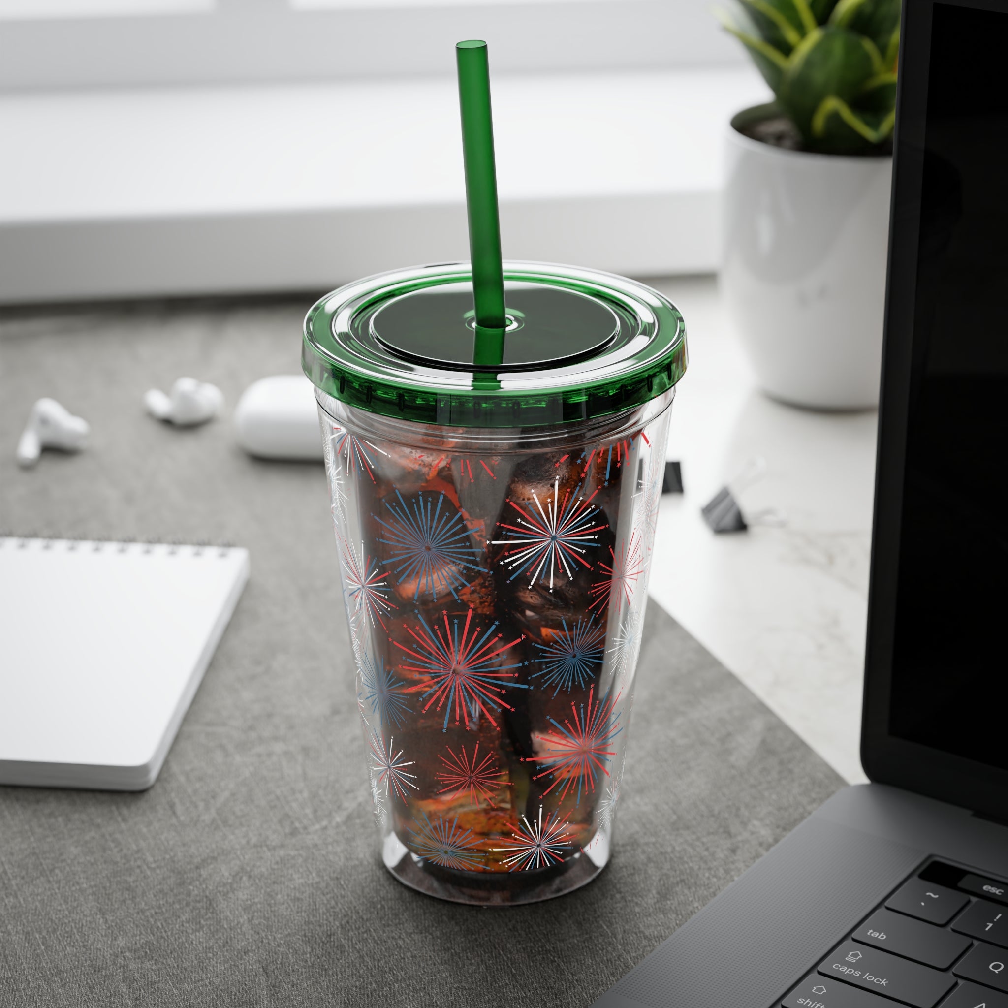 Patriotic Bow 16oz Tumbler with Straw — Red, White & Blue Stars Design