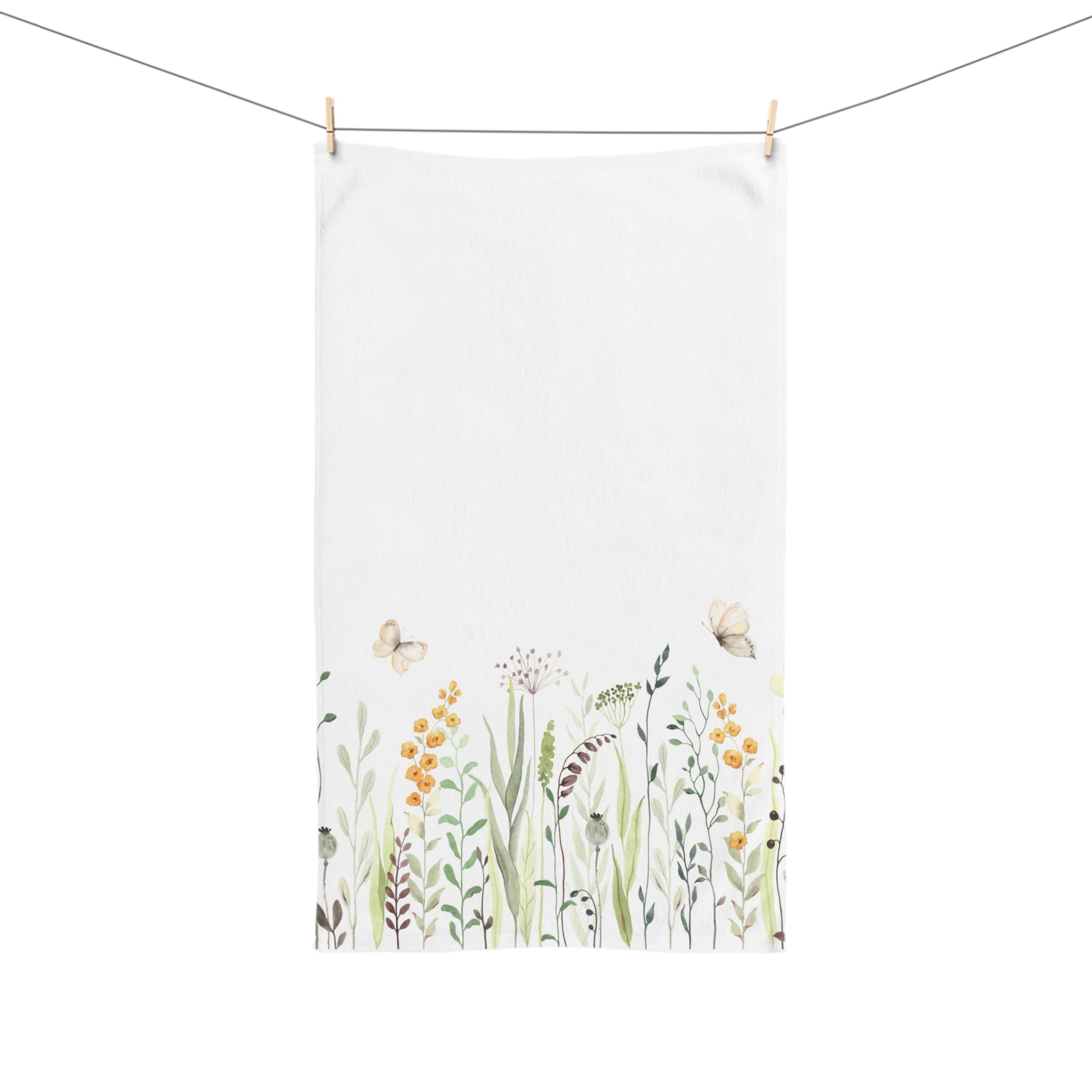 Spring Floral Hand Towel — Watercolor Wildflower & Butterfly Kitchen or Bathroom Towel