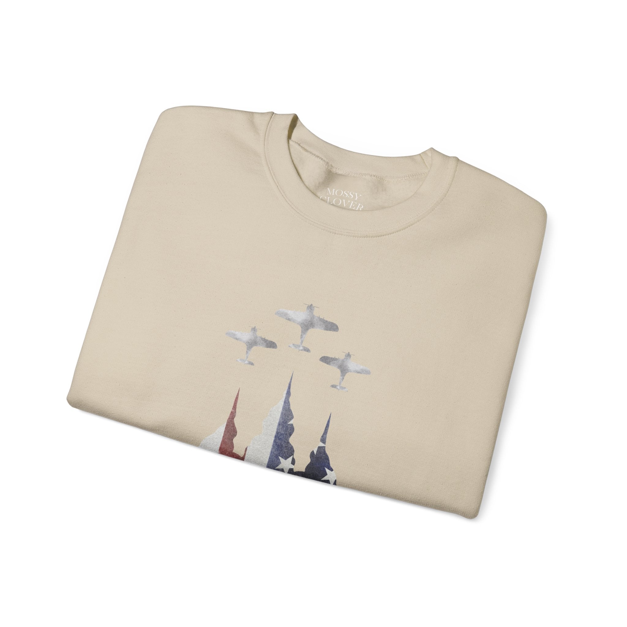 American Flag Castle Crewneck Sweatshirt — Patriotic Stars Sleeve Pullover
