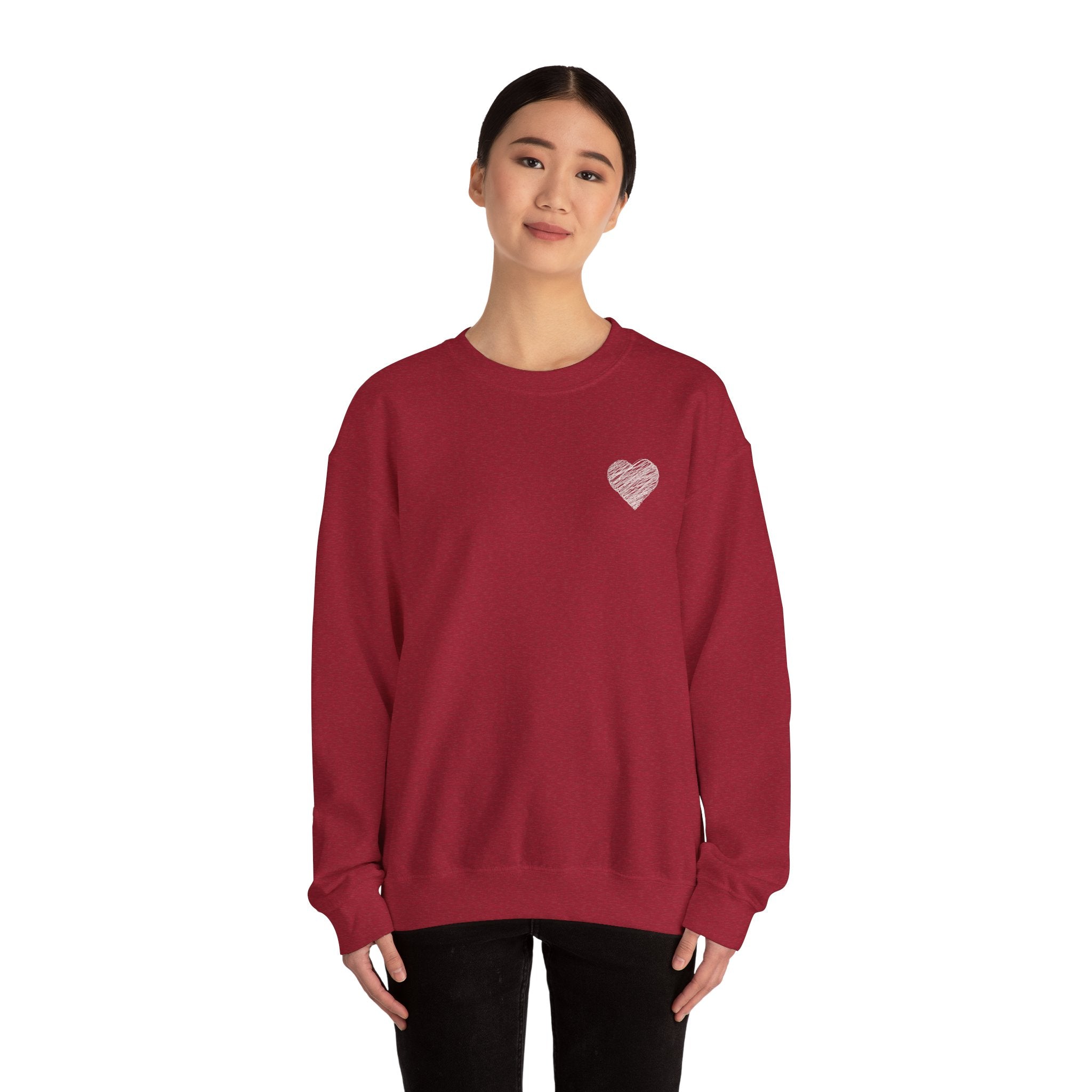 White Crewneck Sweatshirt with Small Gray Heart Chest Design