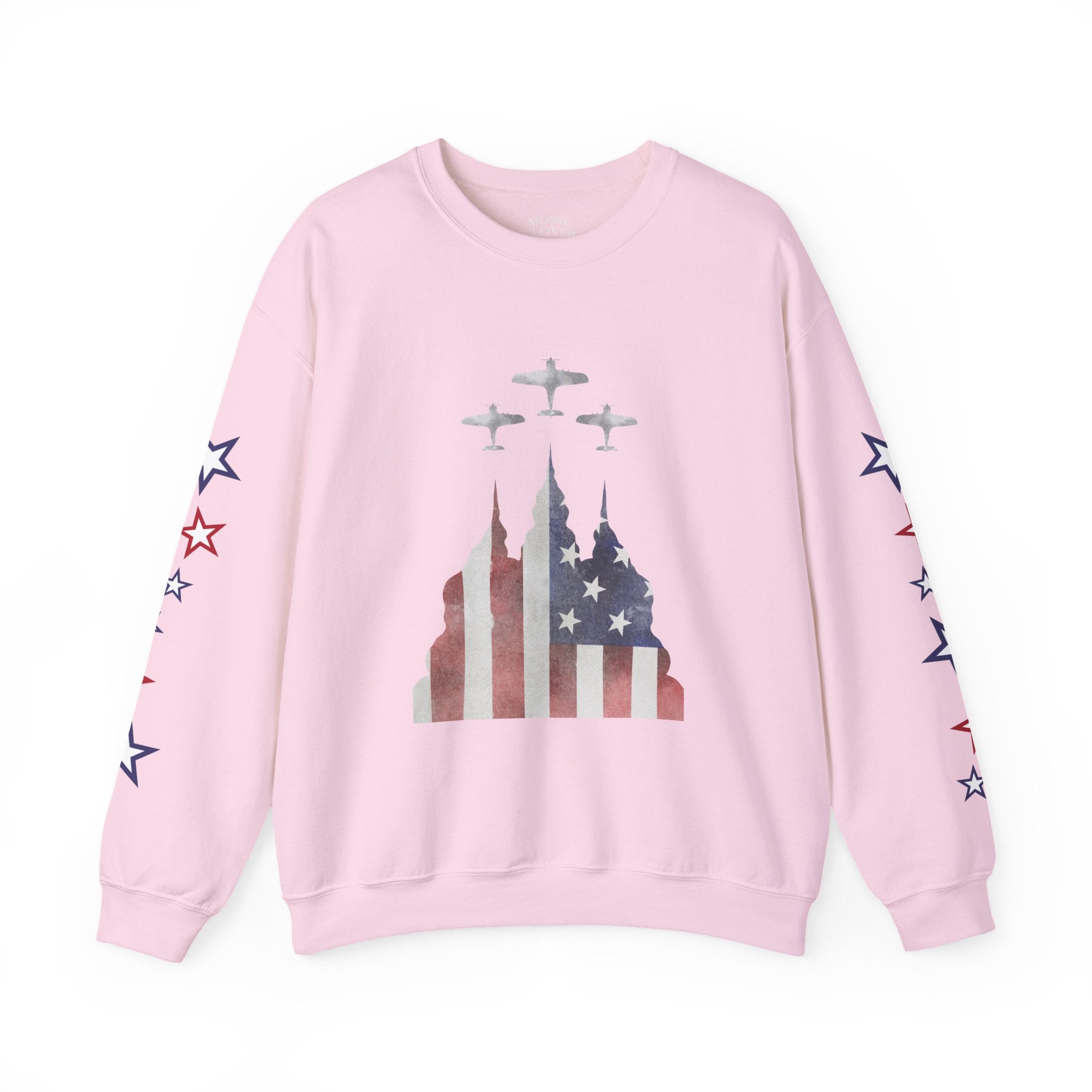 American Flag Castle Crewneck Sweatshirt — Patriotic Stars Sleeve Pullover