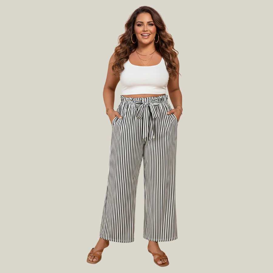 Plus Size Stripe Tie Waist Straight Pants