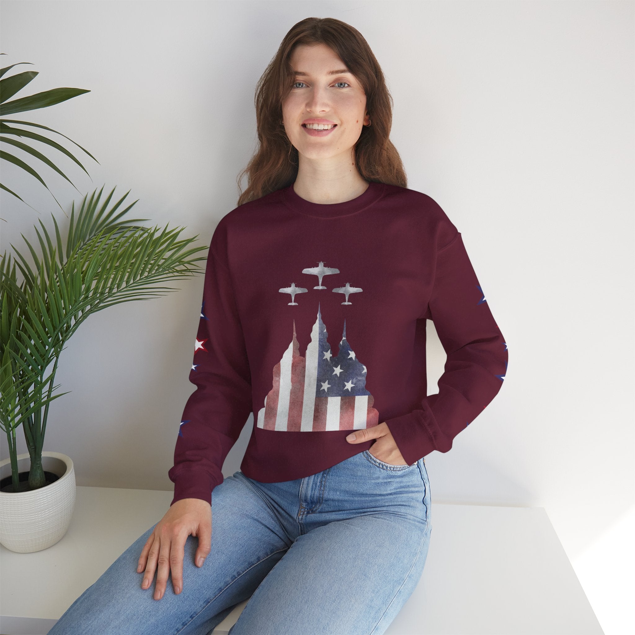 American Flag Castle Crewneck Sweatshirt — Patriotic Stars Sleeve Pullover