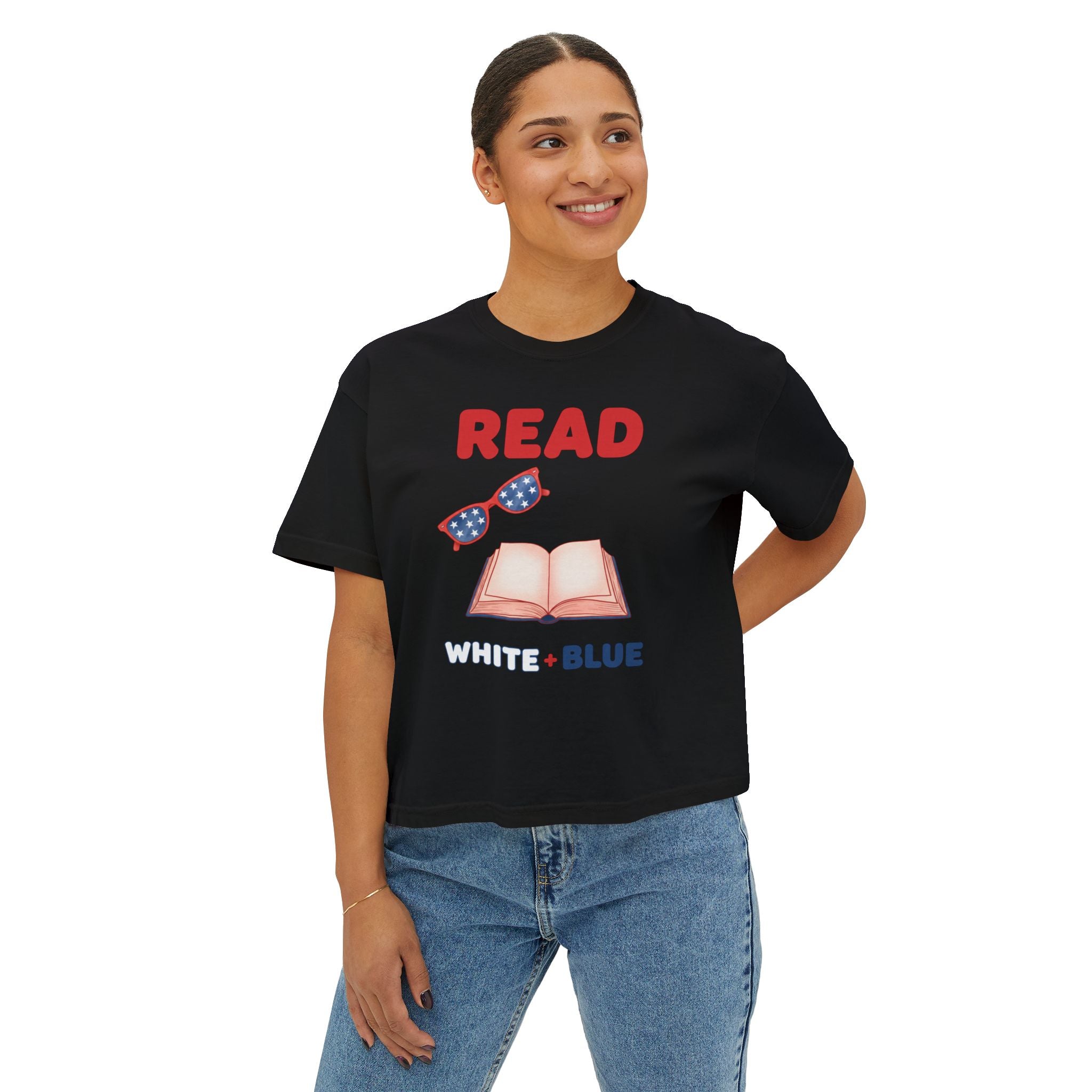 Women's Boxy Tee — "READ White + Blue" Patriotic Book Lover Shirt