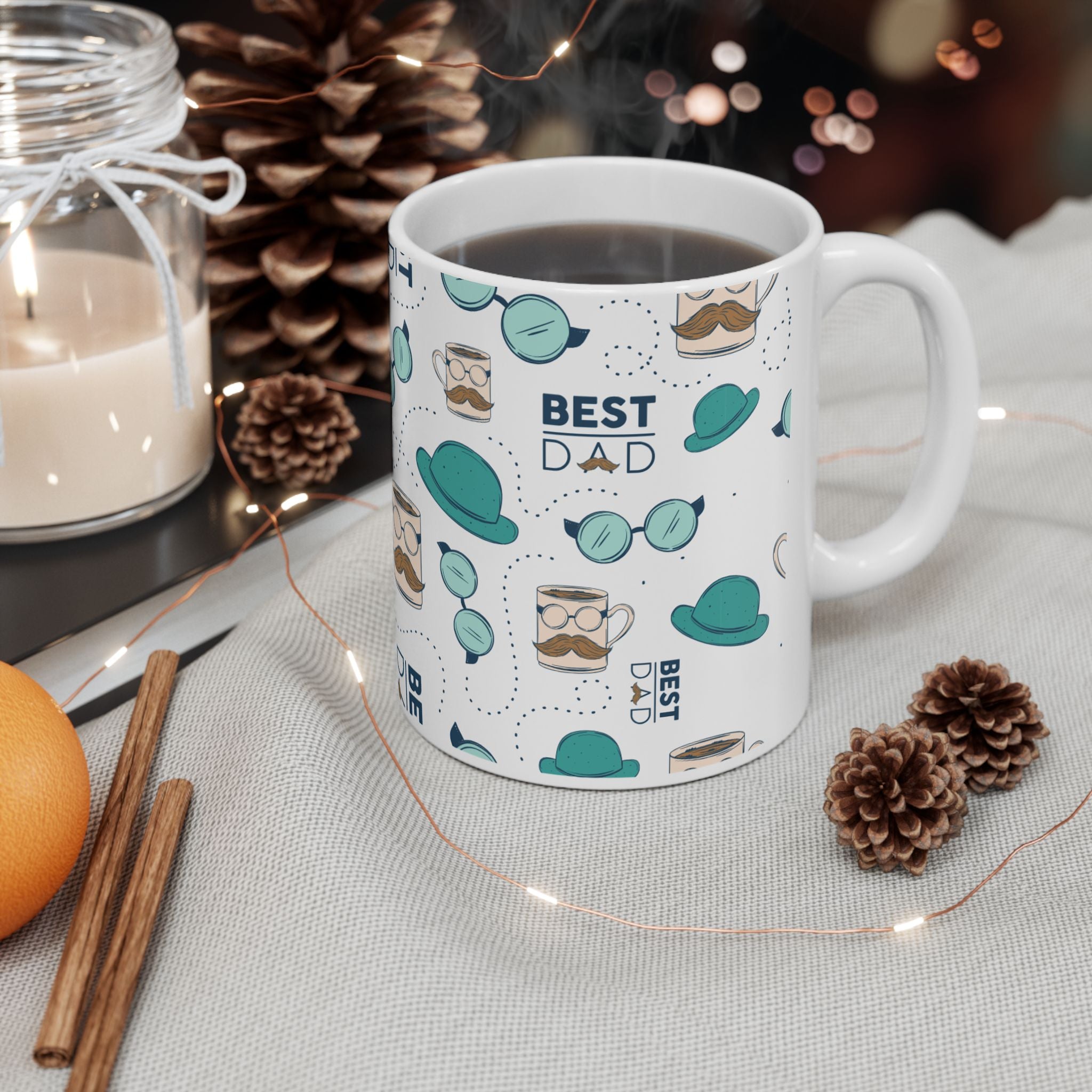 Best Dad Pattern Ceramic Mug — 11oz & 15oz Father’s Day Mustache & Glasses Design